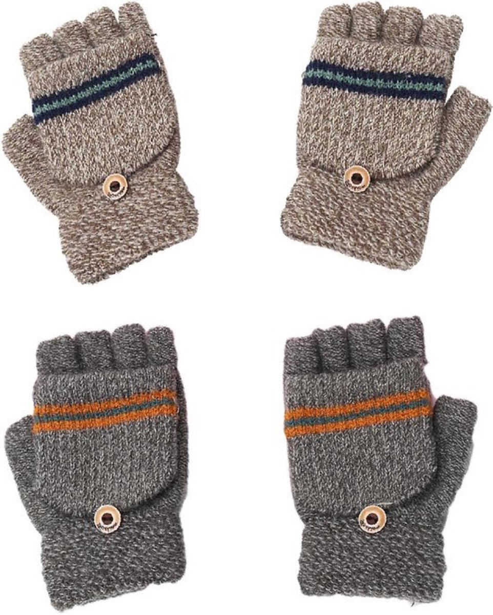 Allecto Plus - 2 paar kinder handschoenen zonder vingers - gebreide wanten met flap