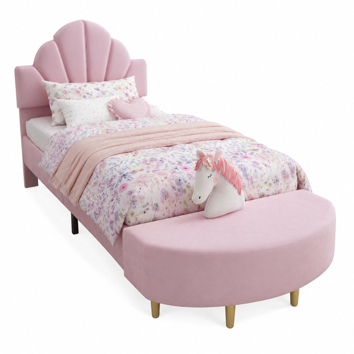 WUVRIE Polsterbed 90x200 cm met samten hoofdbord en bedbank, roze