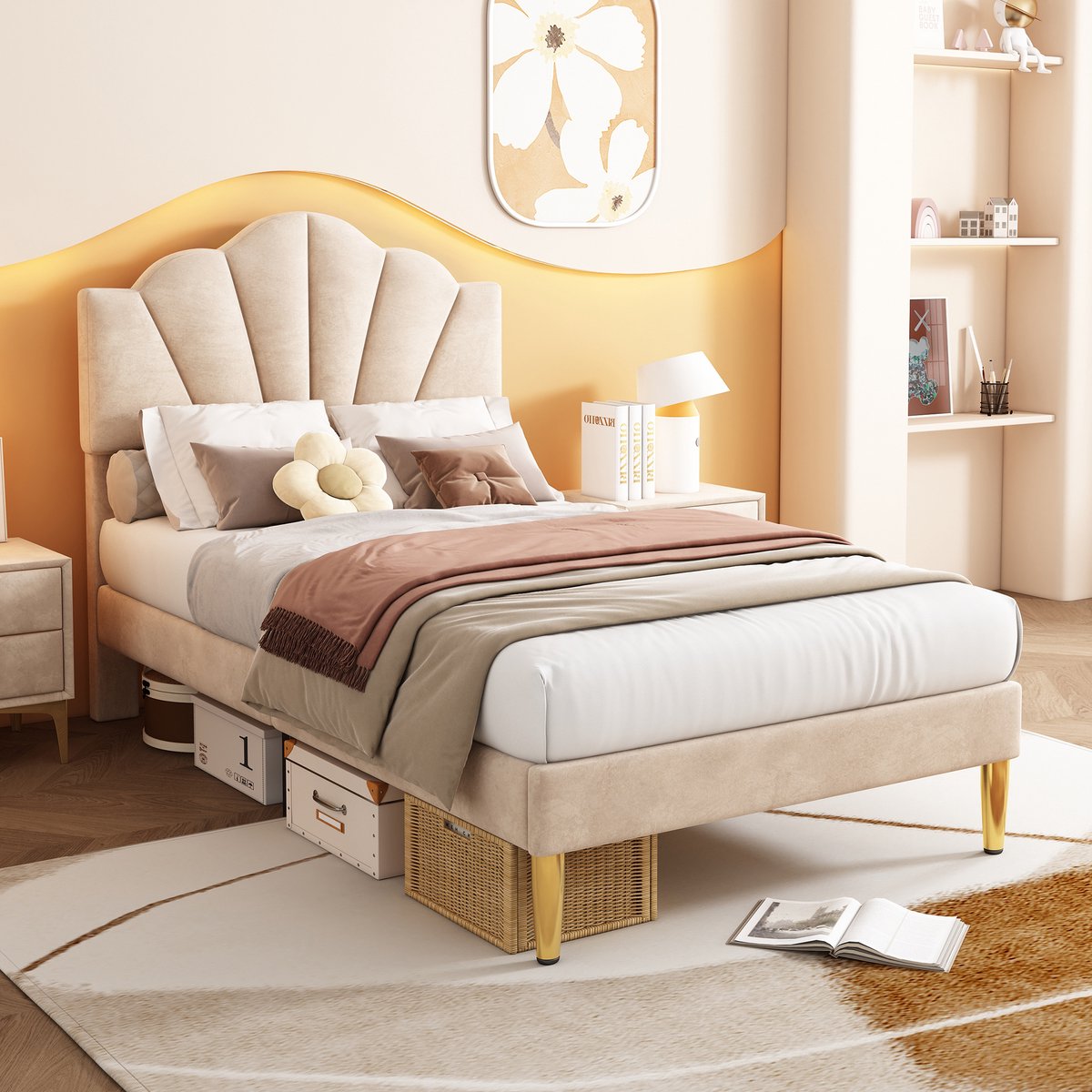 WUVRIE Gestoffeerd bed 90x200 cm met verstelbaar schelpvormig hoofdbord en lattenbodem, beige