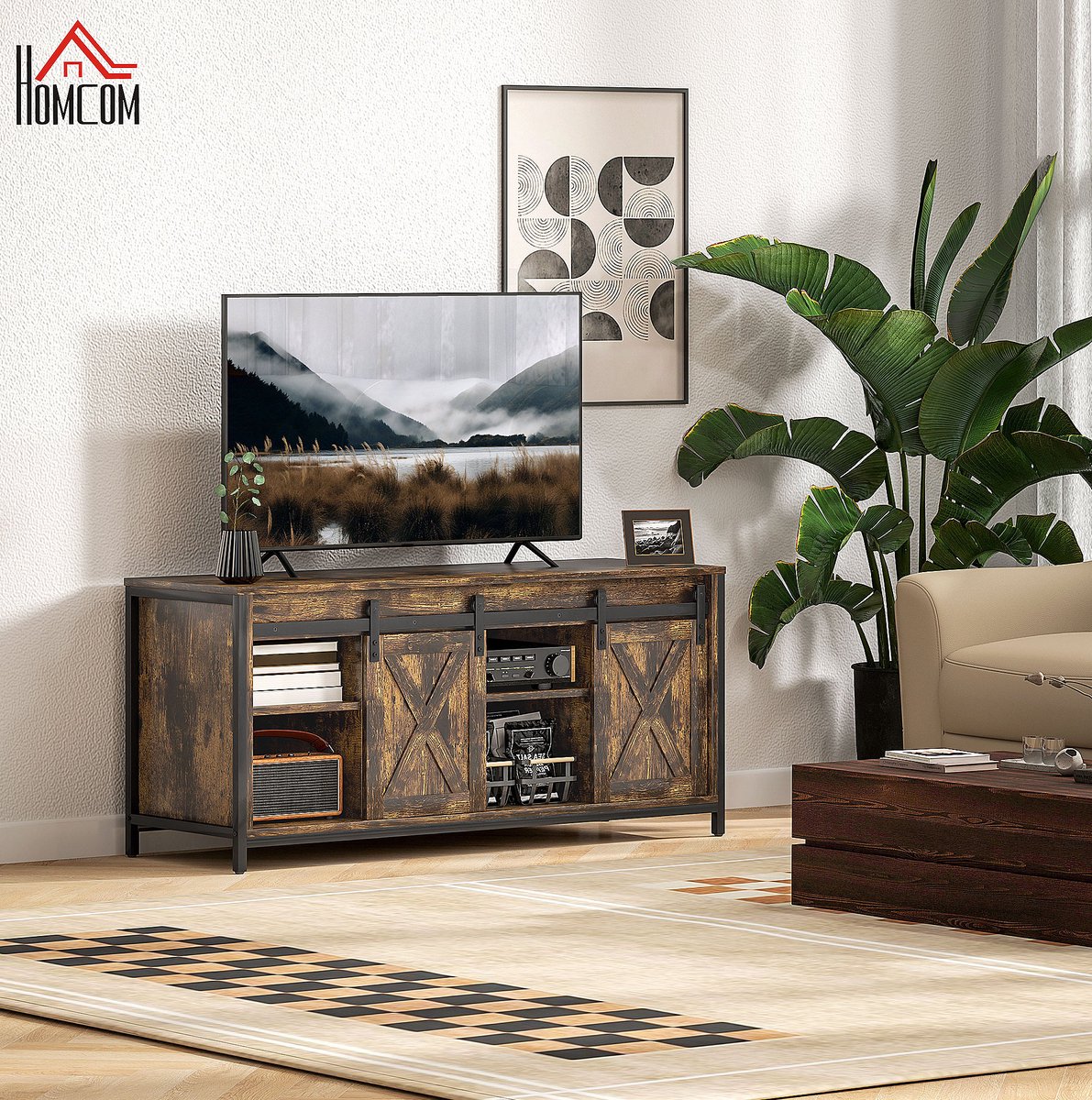 MODENUIT Tv Meubel - Voor 60 Inch Tv - 6 Vakken Met Schuifdeuren - Multiplex - Bruin - 120x40x54 Cm