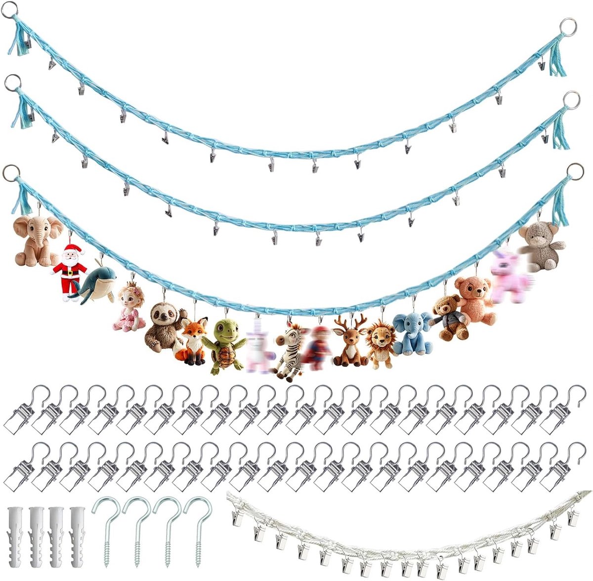 Pluche Dierenhammock 2m - Speelgoed Organizer met 40 Haken en 4 Metalen Ringen voor Ruimtebesparende Wanddecoratie in de Kinderkamer, Beige Kleur