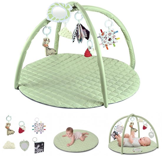 Groen baby speelkleed met bogen en speelgoed, met kleinere afbeeldingen van baby's die ermee spelen.