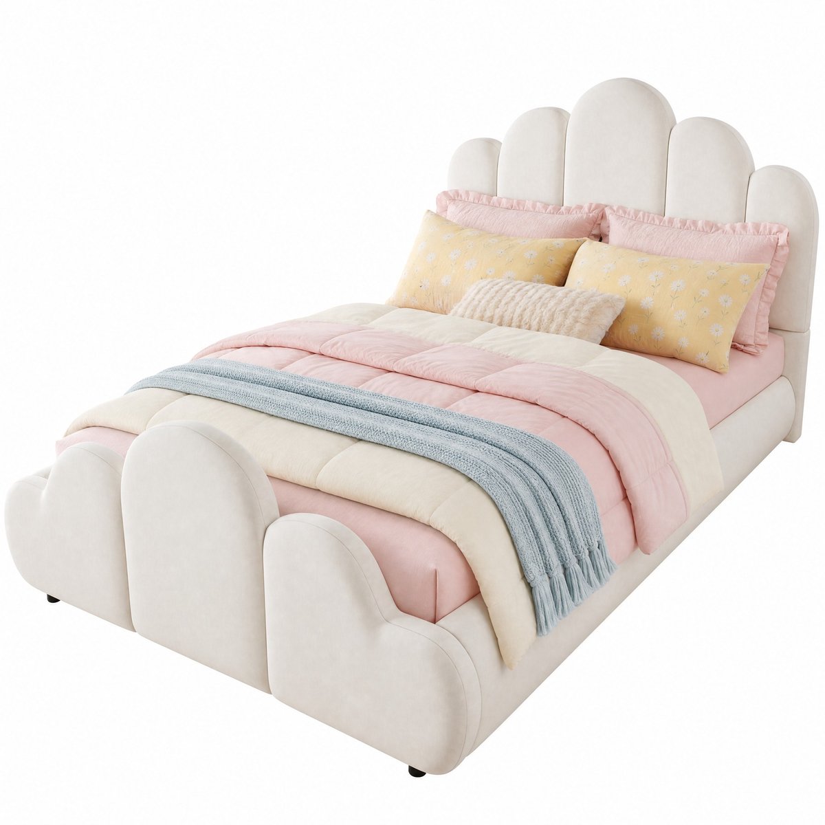 WUVRIE gestoffeerd kinderbed 90x200 cm met afgeronde hoeken en wolkvormig voeteneind, beige