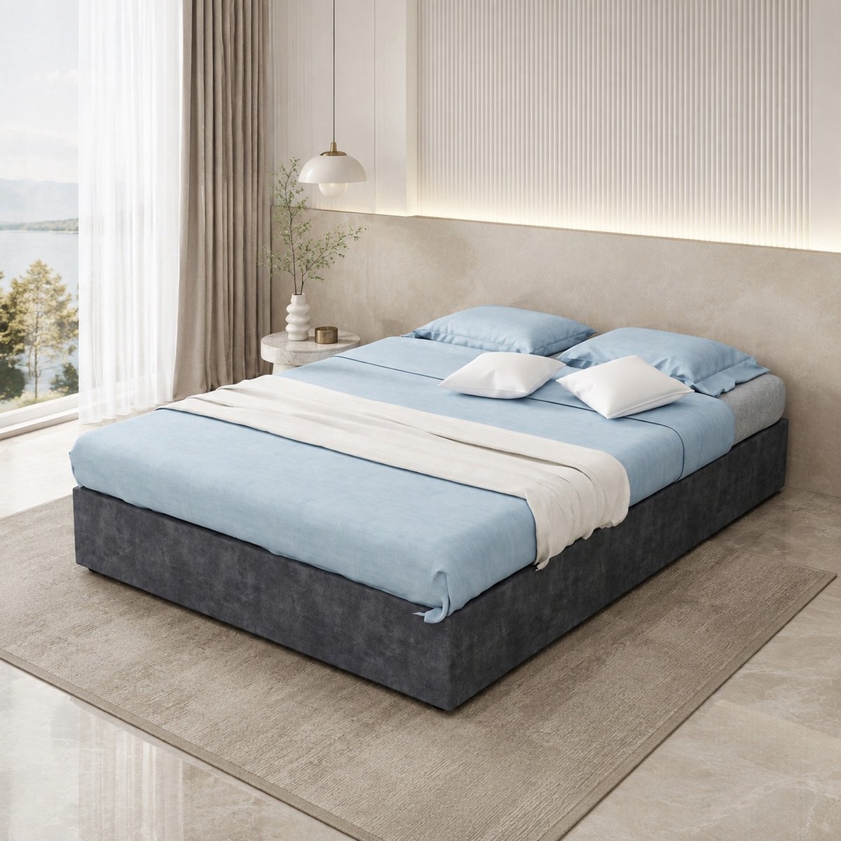 COVREO Bedframe met gaslift en opbergruimte – 140x200 cm – Normaal bed van stof en metaal – Tweepersoons – Grijs - zonder matras