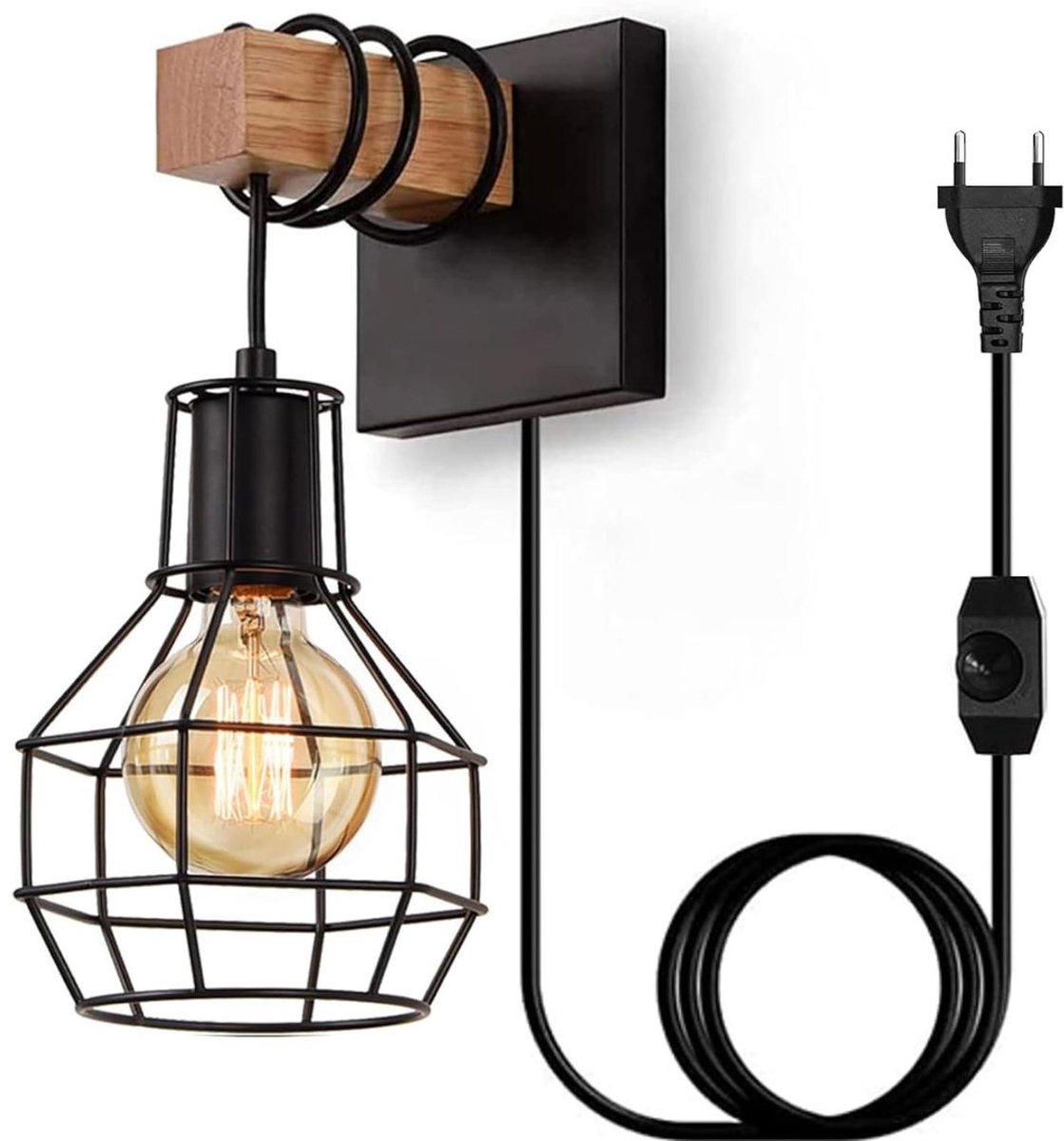 DailySupplies® Wandlamp Binnen met Snoer - Wandlamp met Stekker voor Binnen - met Dimbare Schakelaar - Industrieel en Vintage - Slaapkamer Bedlampje - Zwart