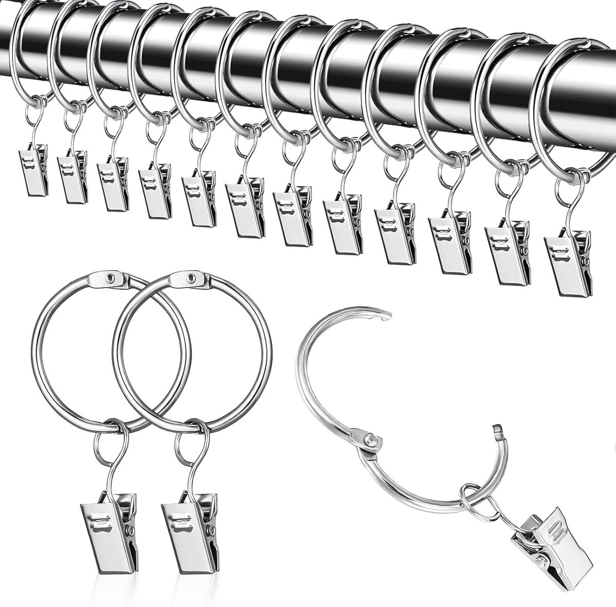 Verstevigde Gordijnhaken met Clips - 40 Stuks - 38mm Binnen Diameter - Ringen voor Gordijnen en Douchegordijnen - Roestvrij Staal en Duurzaam Ontwerp