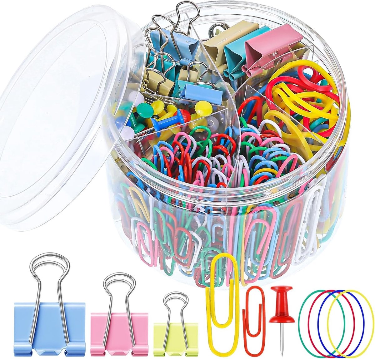 Set van 350 Paperclips in Diverse Maten, Gekleurde Kantoorclips, Rubber Bands en Duimspijkers voor Kantoor en Schoolgebruik