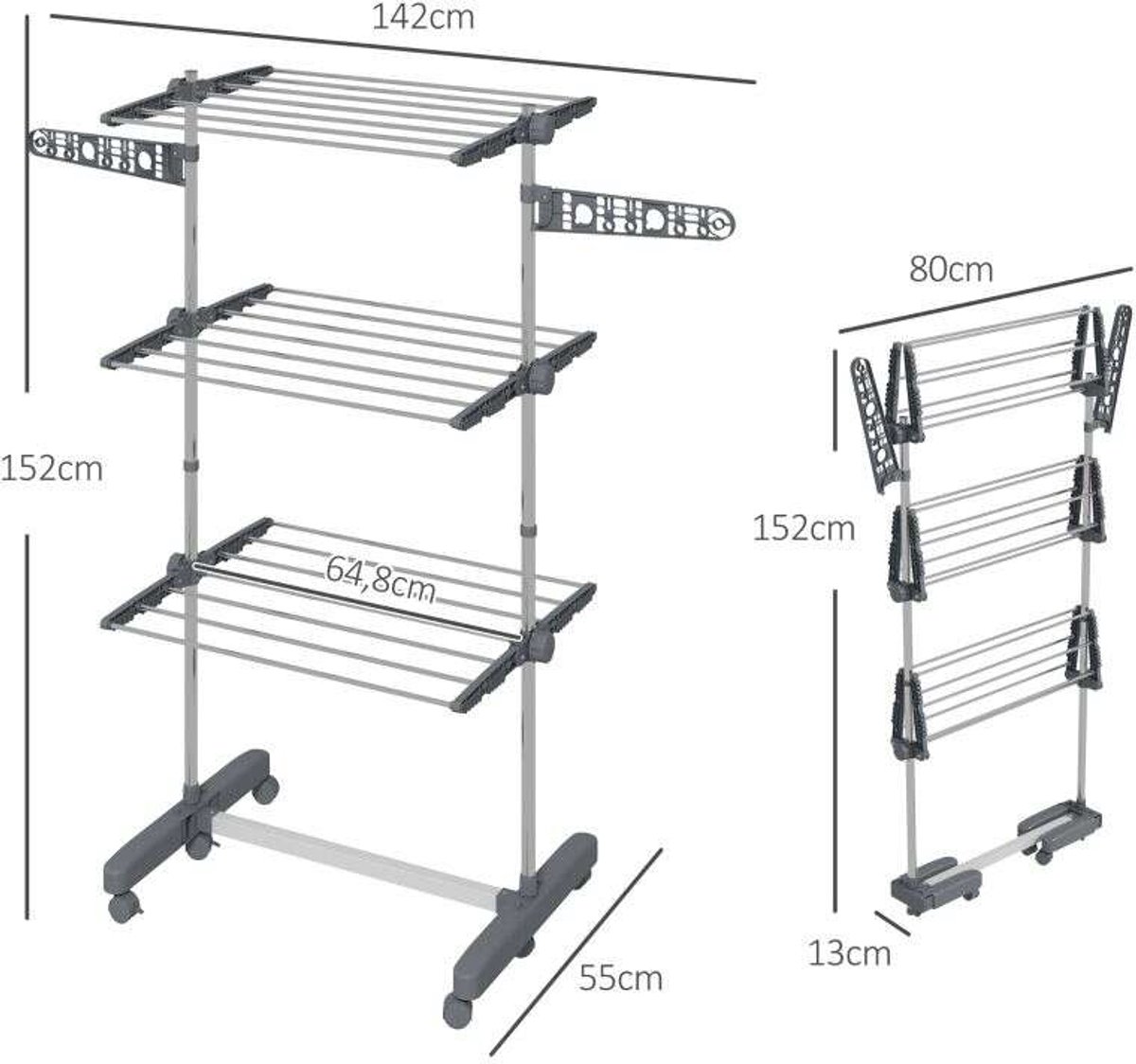 Droogrek 142x55x152 cm Grijs Metaal Kledingrek Vrijstaand Opvouwbaar Met wielen Makkelijk te verplaatsen Stevig en duurzaam Geschikt voor balkon badkamer en binnenplaats
