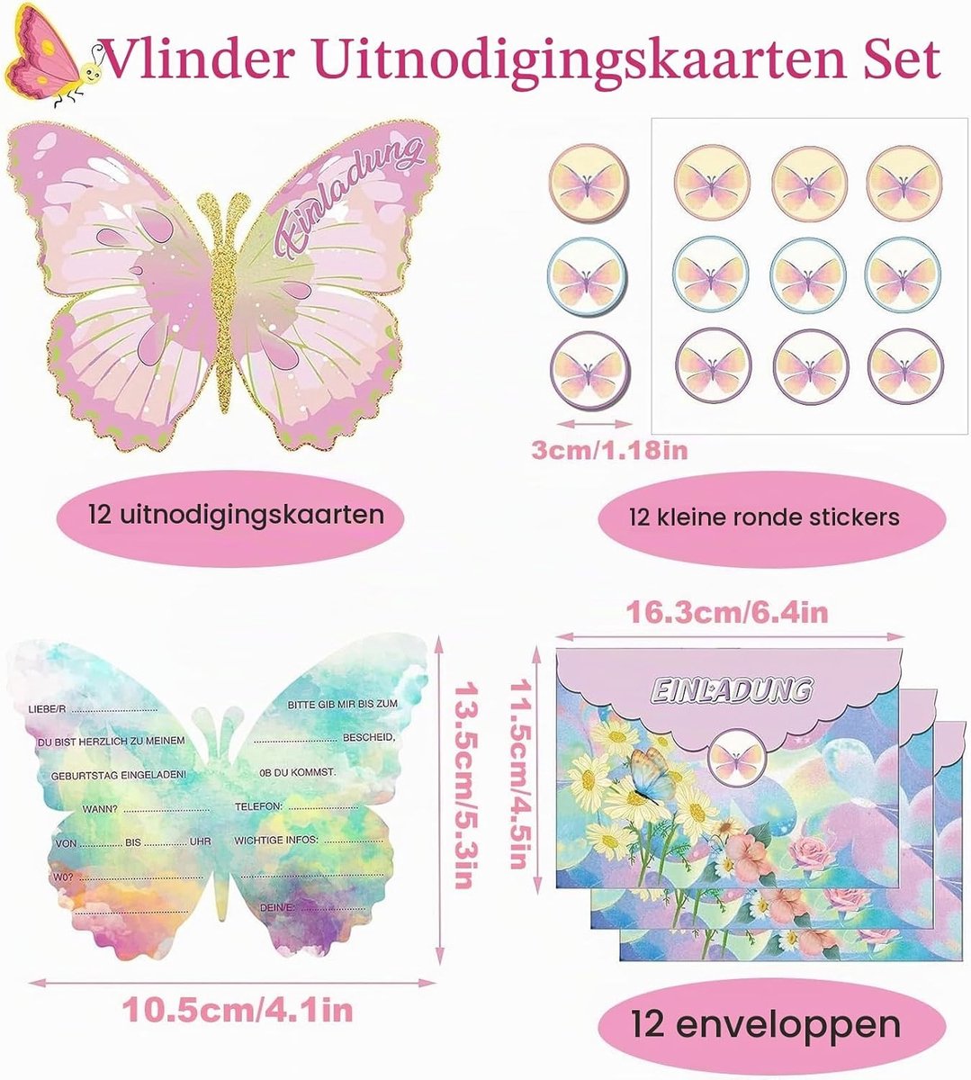 Feestelijke Uitnodigingen voor Kinderfeestje - Vlinder Thema, Inclusief Enveloppen en Stickers, Perfect voor Meisjes en Jongens