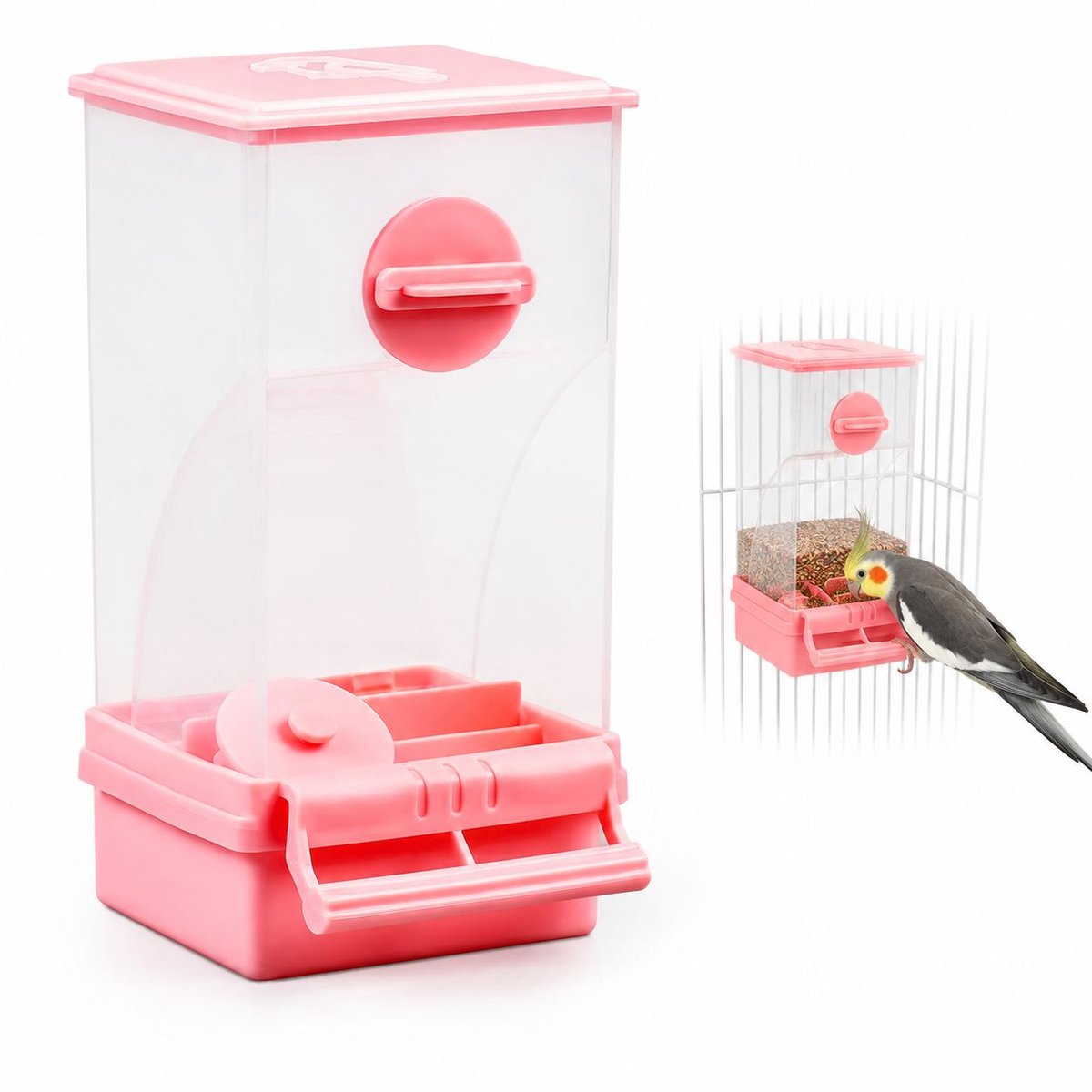 VHV - Vogelvoerbak - Automatische - Anti-Knoei - 8.5x7.5x18 cm - Met Zitstok Voederbak - Vogelkooi Accessoire - Voor Parkieten, Valkparkieten,Kanaries - Roze