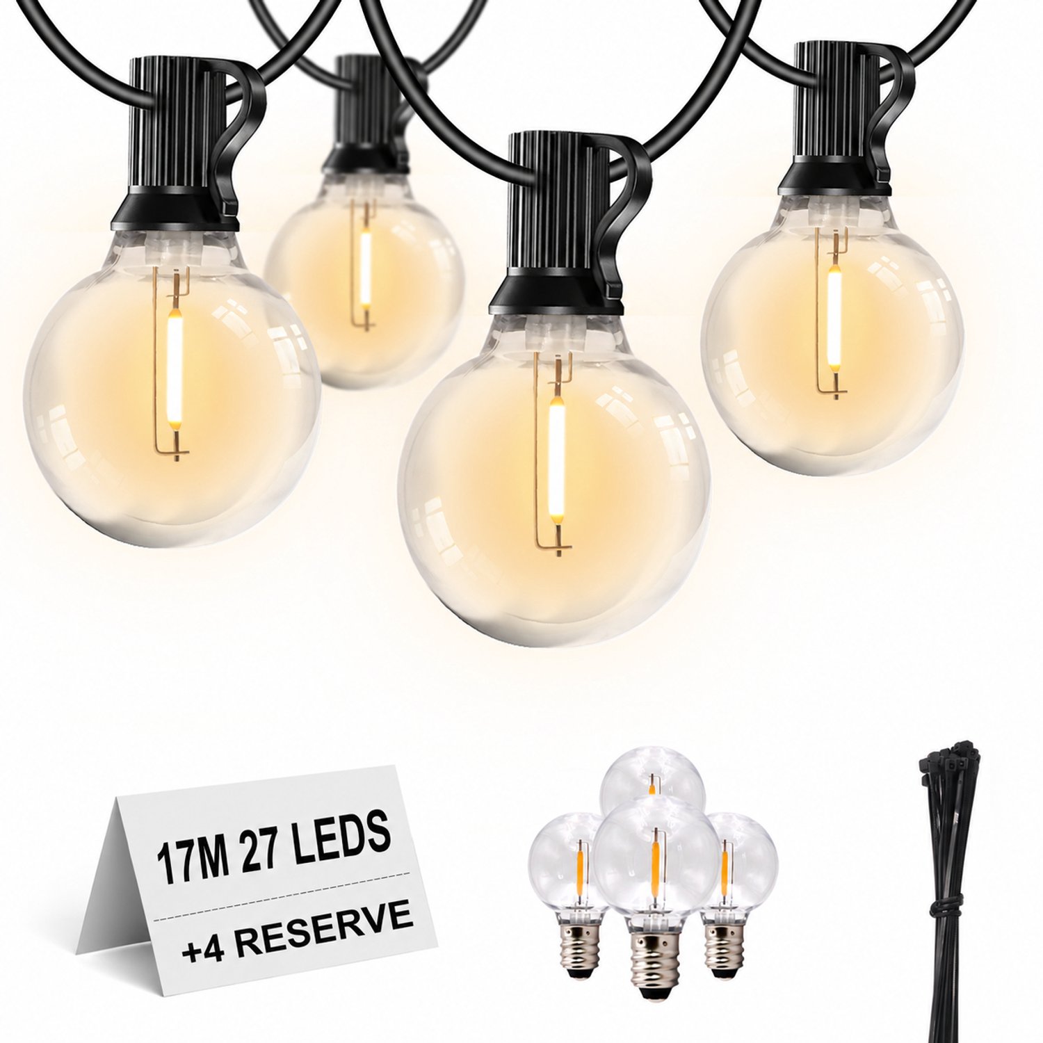 EverNeeds G40 BASE Lichtsnoer Buiten – Prikkabel 17m – 27 LED – IP44 – Lichtslinger – Sfeerverlichting Buiten en Binnen – Warm Wit 2700K – 4 Extra LED’s