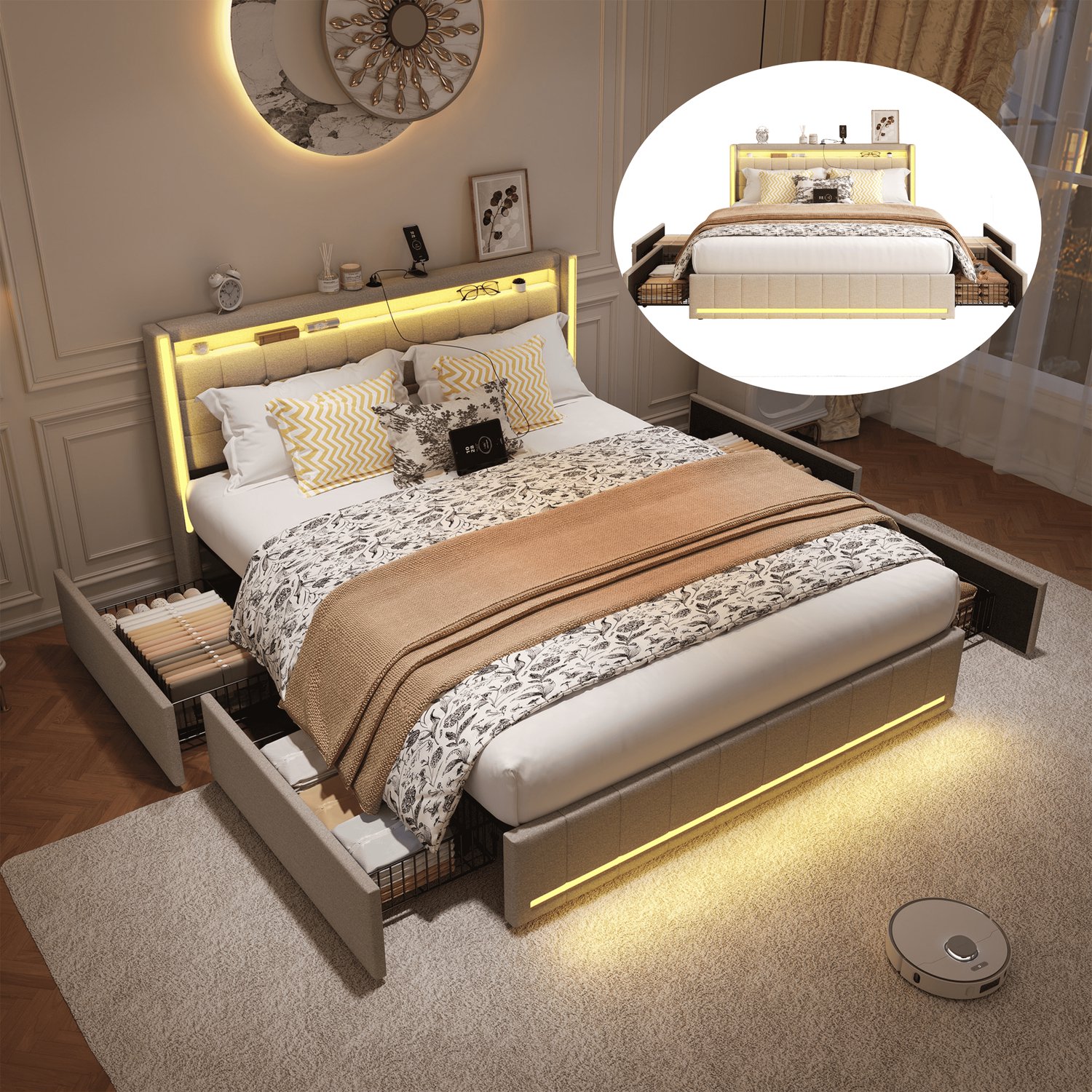 Yelenaro Gestoffeerd Opbergbed 180x200 cm met 4 lades, King Size Tweepersoonsbed met LED-verlichting en USB-poort, 2 Persoons Bed met lattenbodem, Linnen, Beige