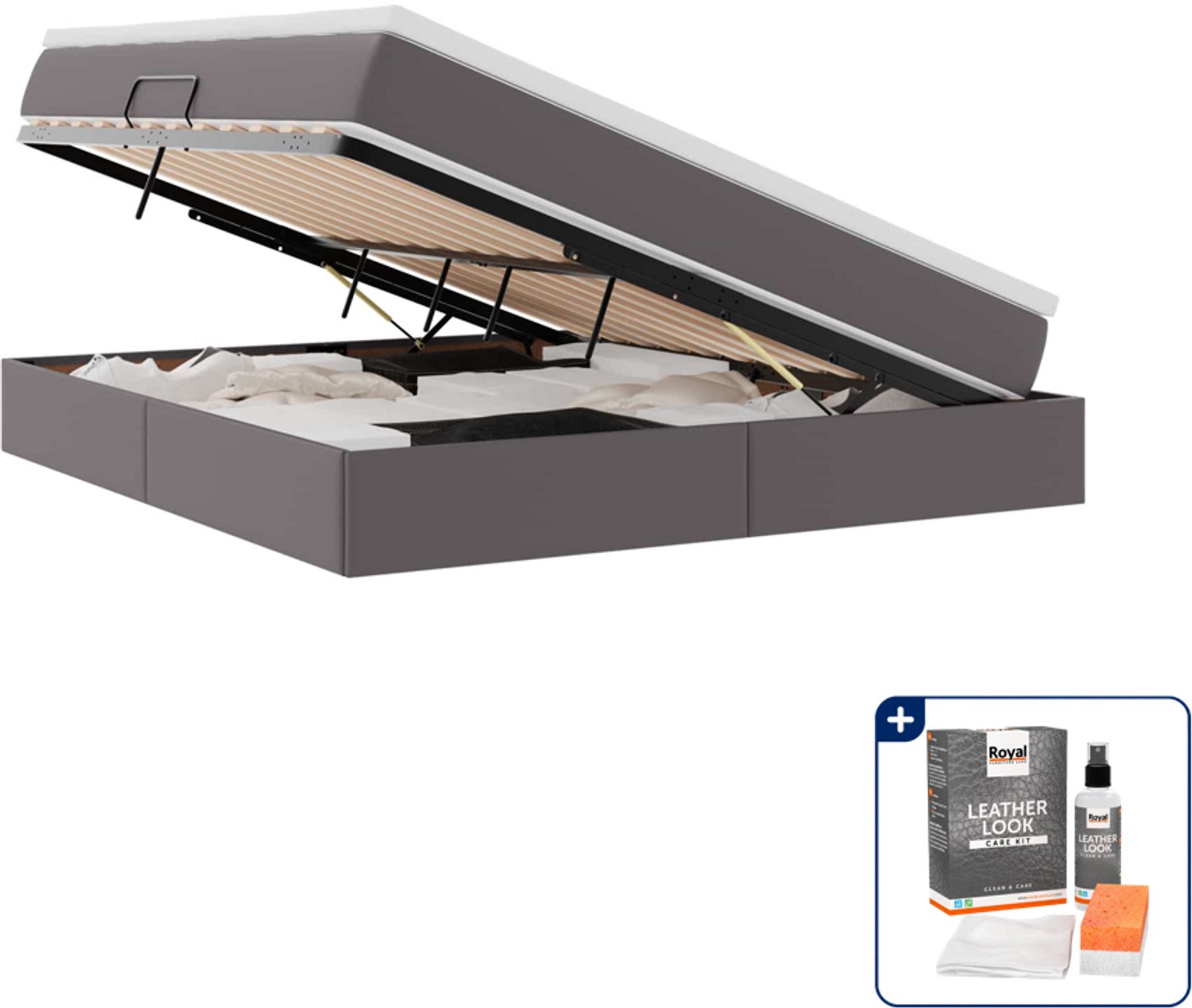 vidaXL queensize opbergbed met matras - 160 x 200 cm - grijs - Inclusief onderhoudsset voor kunstleer 150 ml Blauw