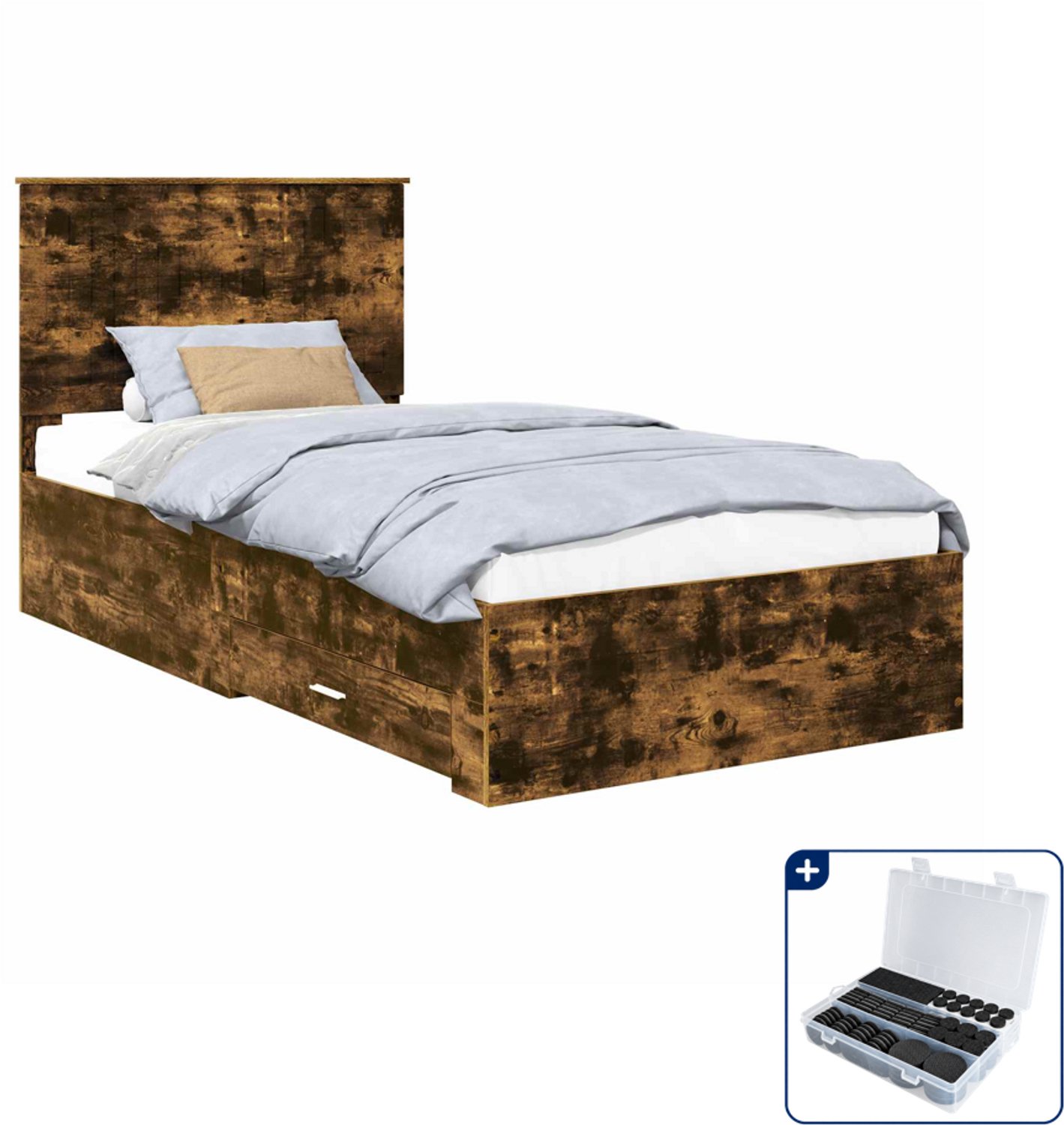 vidaXL bedframe met lade - 100 x 200 cm - bewerkt hout - gerookt eiken - Inclusief antikrasvilt 177-delig Bruin