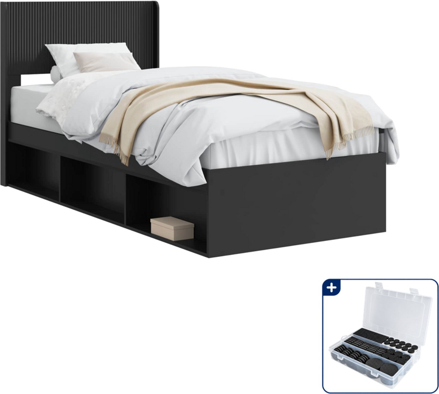 vidaXL bedframe - 90 x 190 cm - bewerkt hout - zwart - Inclusief antikrasvilt 177-delig