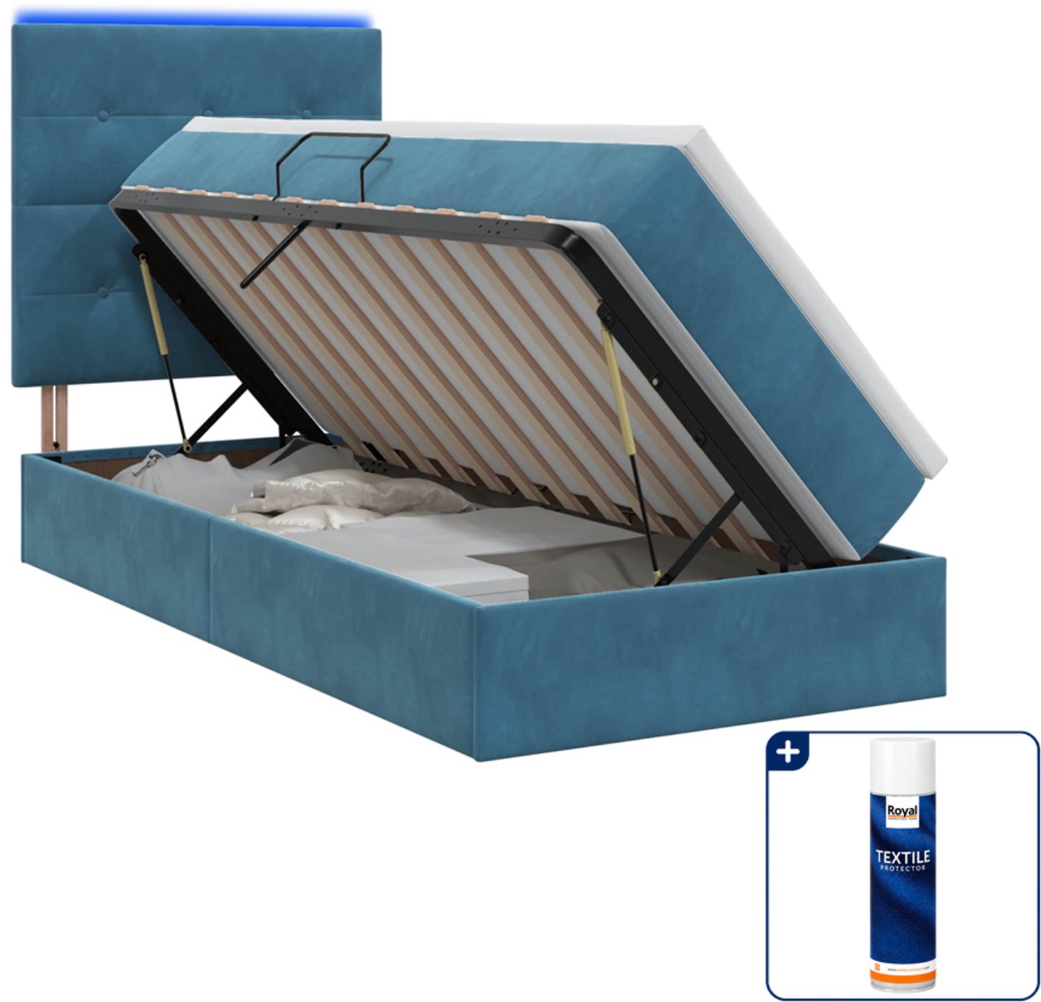 vidaXL LED opslagbed met matras - 100 x 200 cm - fluweel - donkerblauw - Inclusief textielbeschermer 500 ml