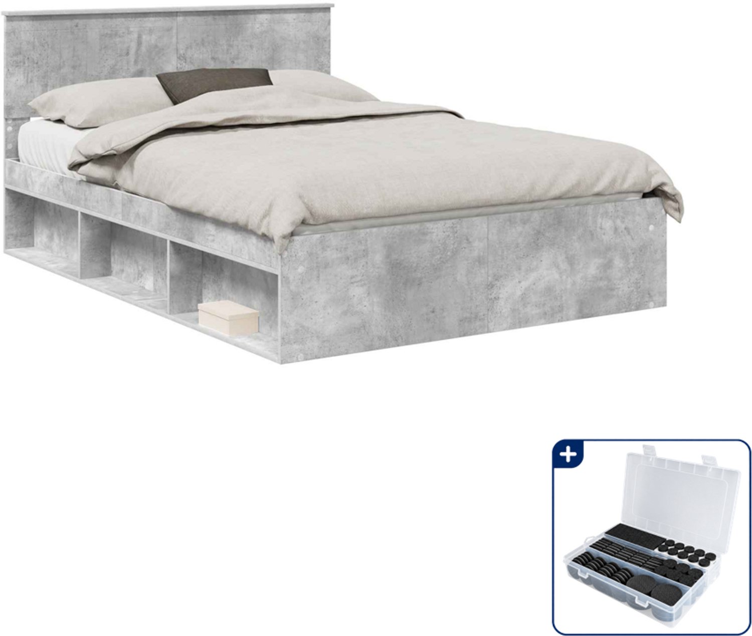 vidaXL bedframe - 140 x 190 cm - bewerkt hout en grenenhout - betongrijs - Inclusief antikrasvilt 177-delig Bruin
