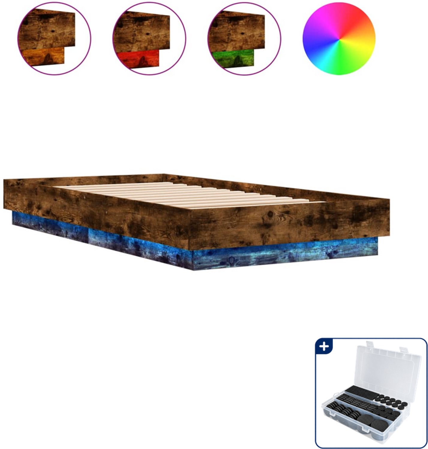 vidaXL bedframe met led - 90 x 190 cm - bewerkt hout - gerookt eiken - Inclusief antikrasvilt 177-delig