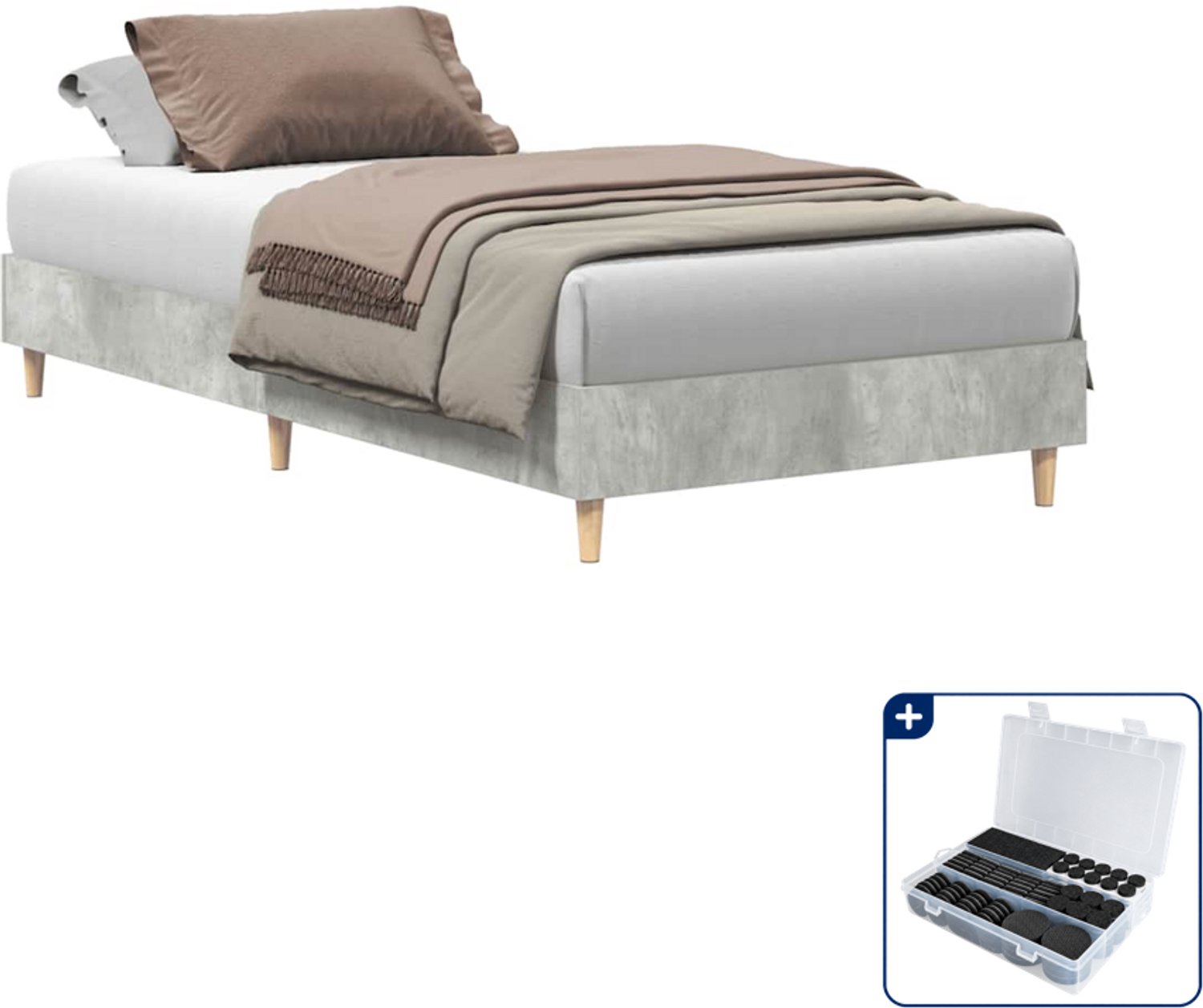 vidaXL bedframe - 90 x 190 cm - bewerkt hout - betongrijs - Inclusief antikrasvilt 177-delig