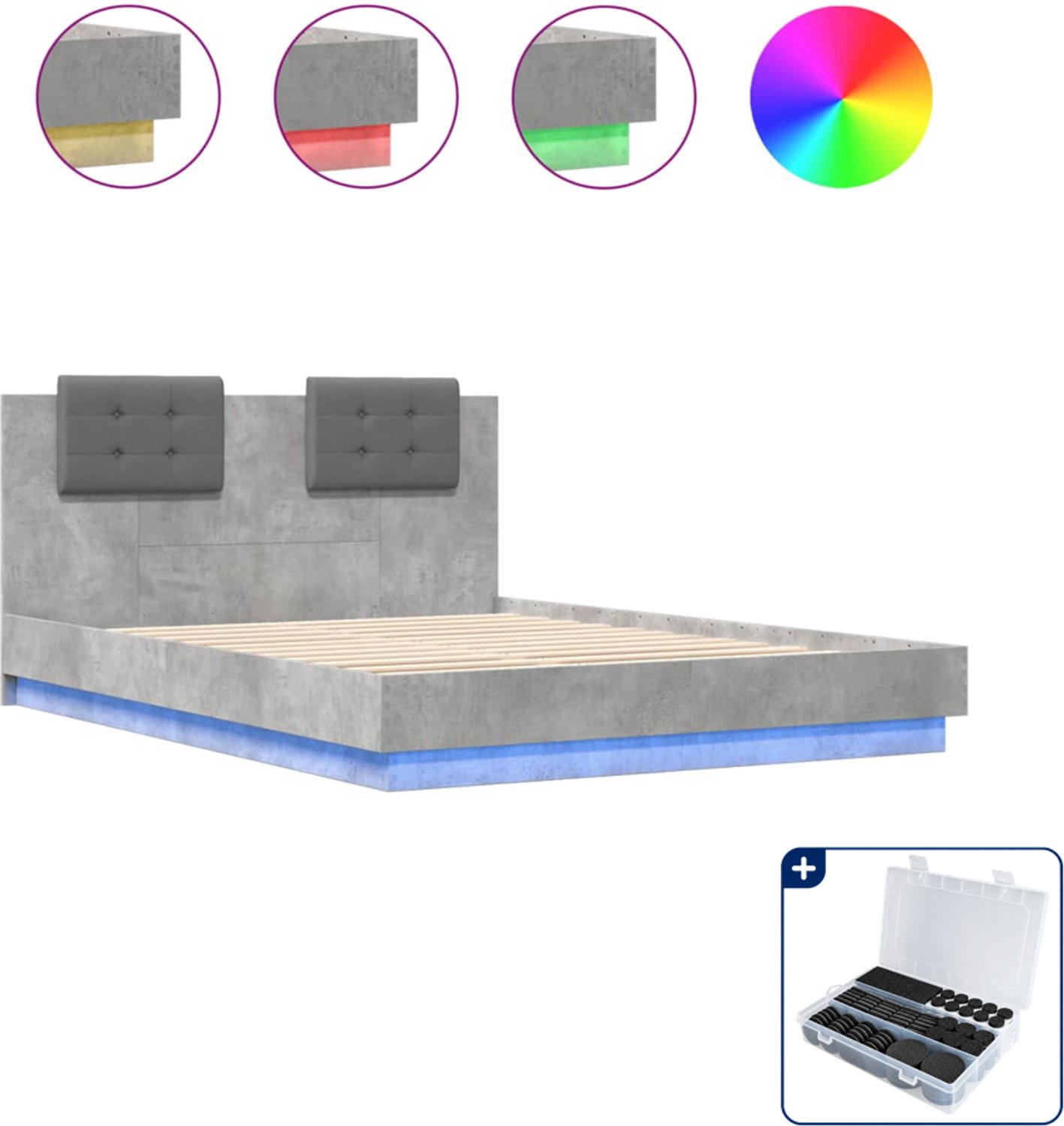 vidaXL Bedframe met LED - 150 x 200 cm - betongrijs - Inclusief antikrasvilt 177-delig Zwart