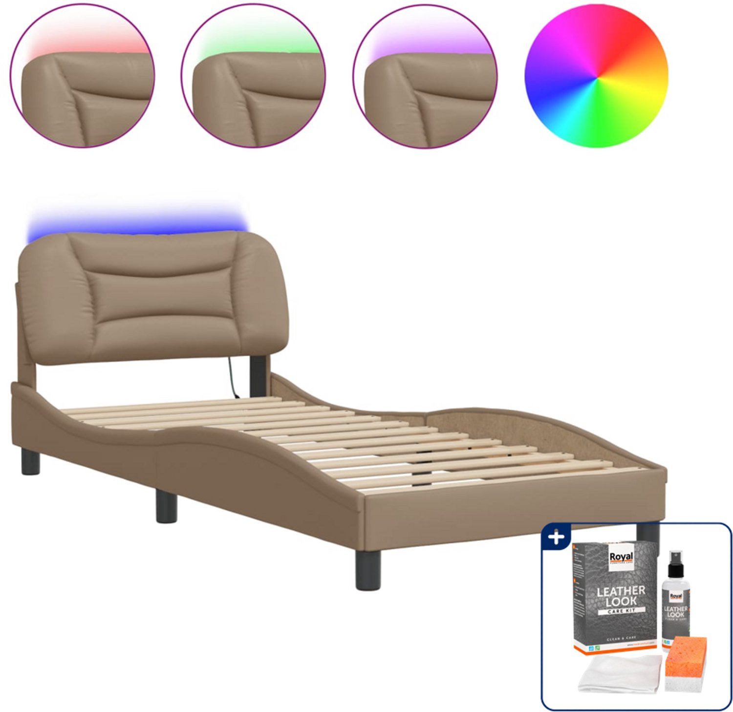 vidaXL Hvar bedframe met LED - 90 x 190 cm - cappuccino - Inclusief onderhoudsset voor kunstleer 150 ml Bruin