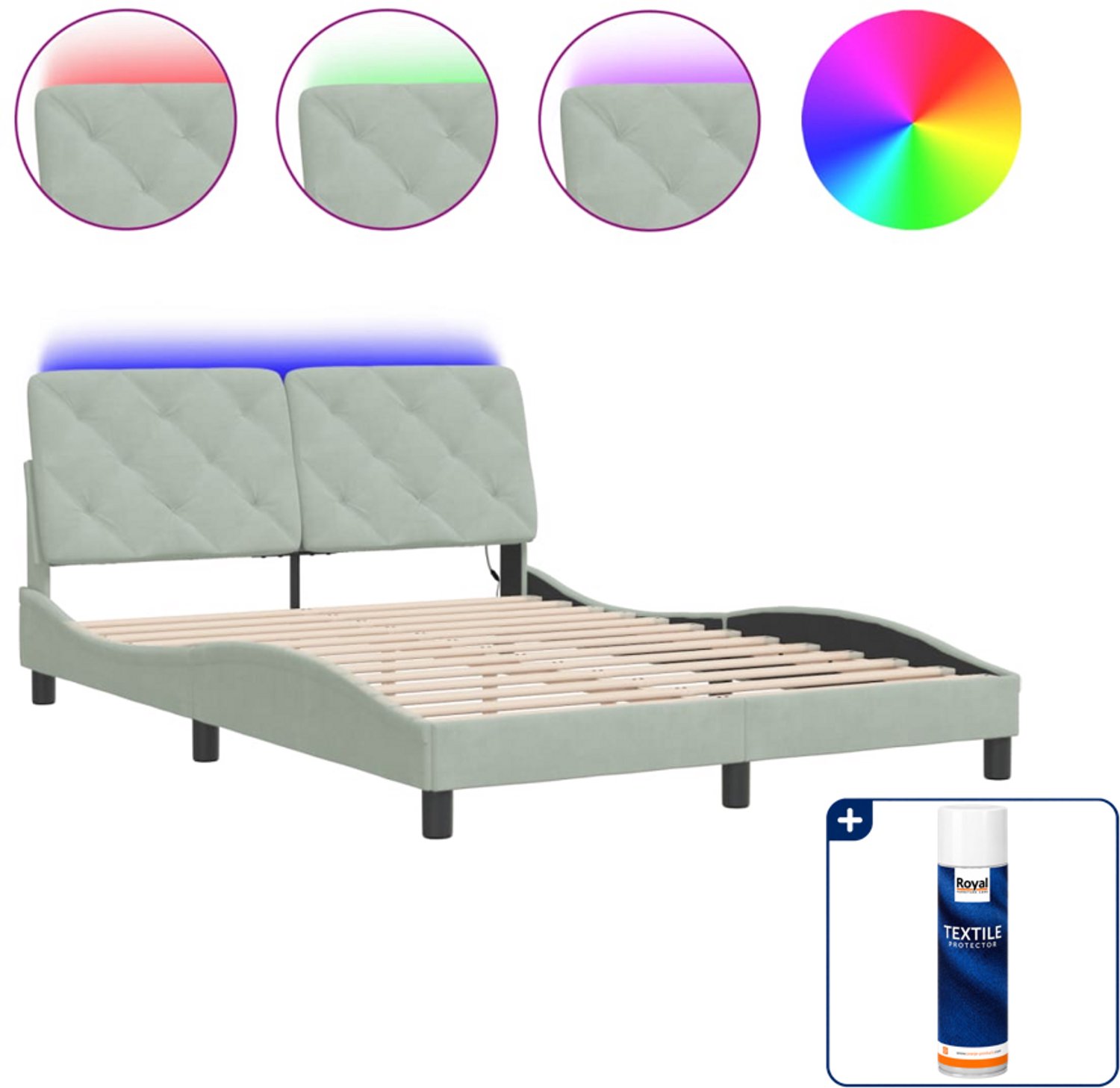 vidaXL bedframe met LED - 140 x 190 cm - fluweel - lichtgrijs - Inclusief textielbeschermer 500 ml