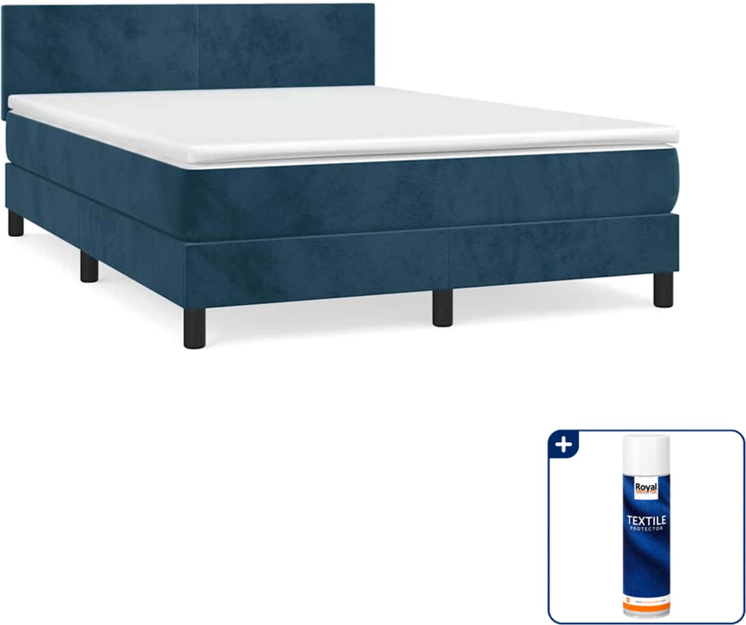 vidaXL boxspring met matras - 140 x 190 cm - fluweel - donkerblauw - Inclusief textielbeschermer 500 ml