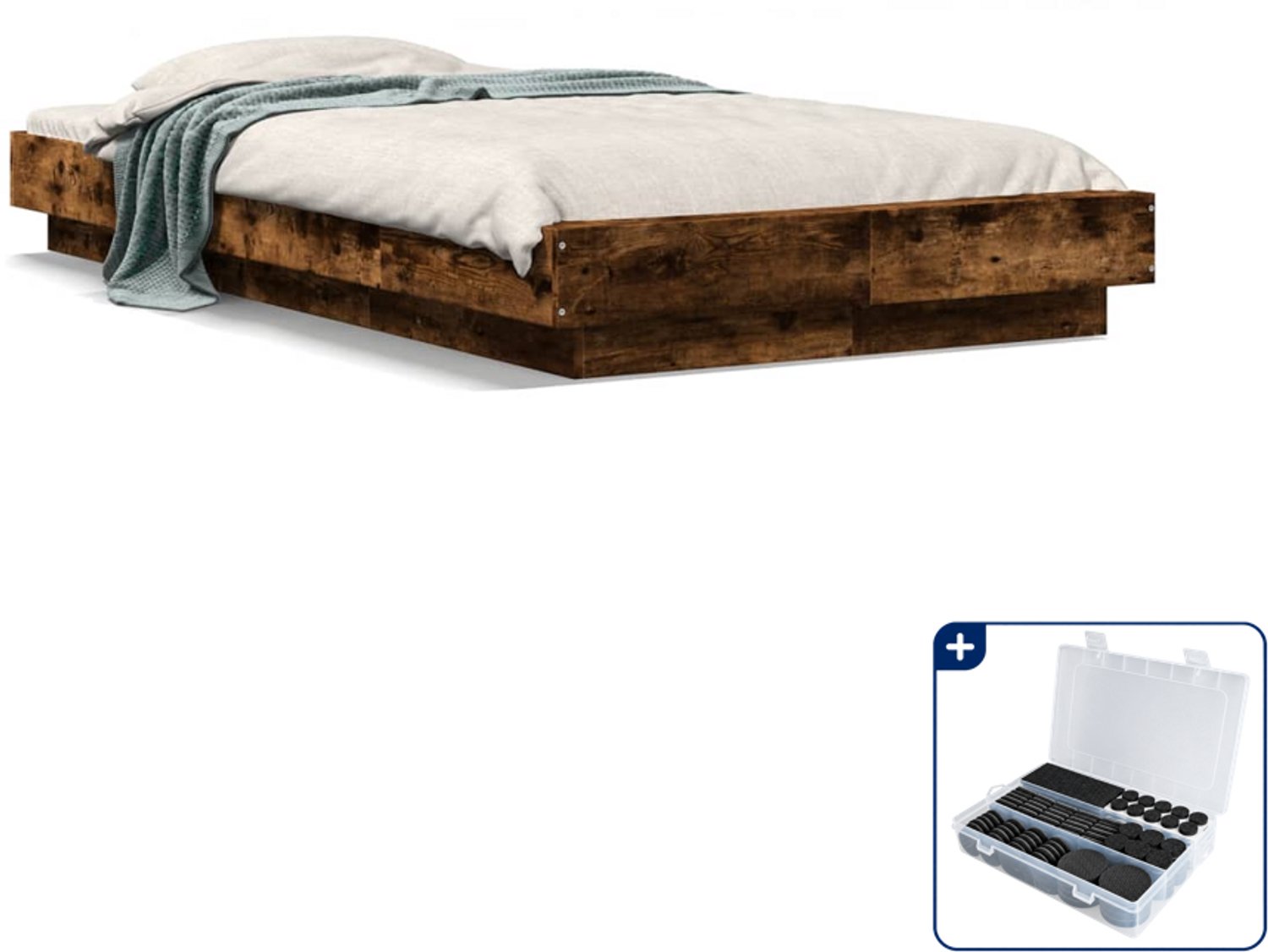 vidaXL bedframe - 90 x 200 cm - bewerkt hout - gerookt eiken - Inclusief antikrasvilt 177-delig Bruin