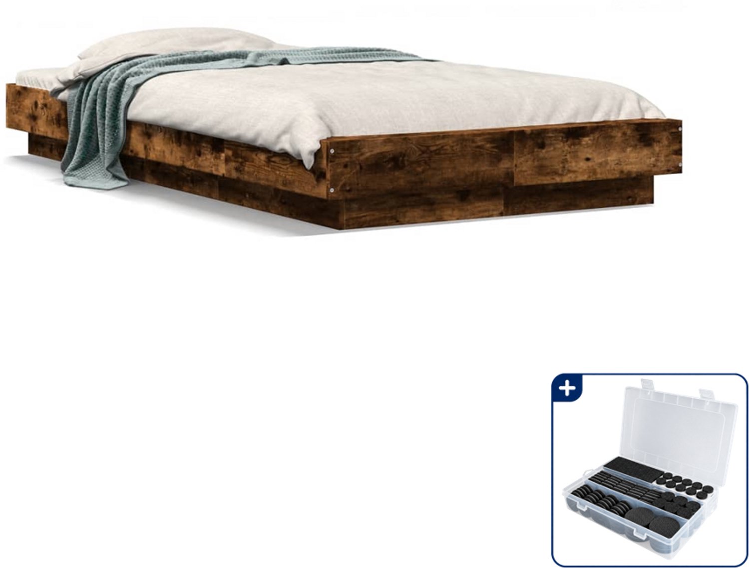vidaXL bedframe - 90 x 200 cm - bewerkt hout - gerookt eiken - Inclusief antikrasvilt 177-delig Bruin