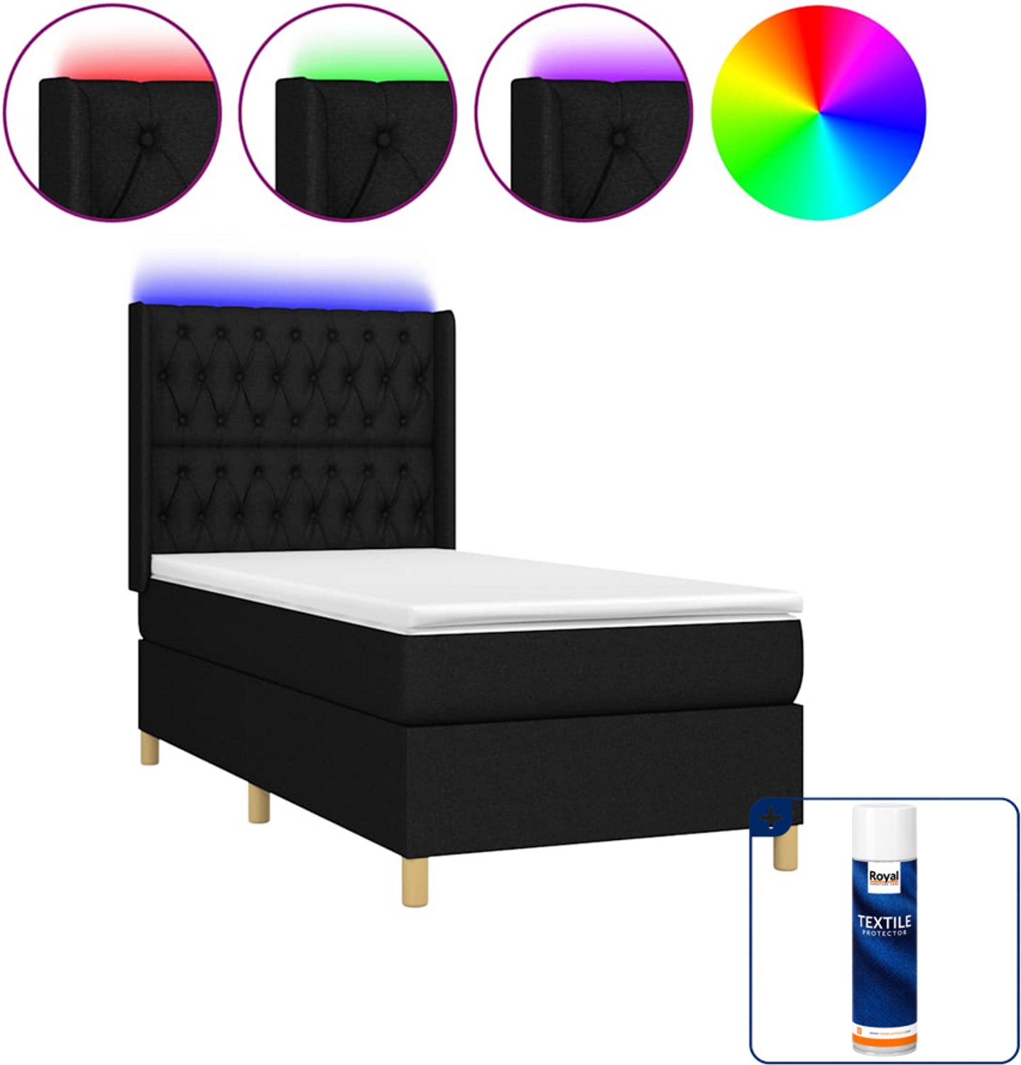 vidaXL boxspring met matras en LED - 80 x 200 cm - zwart - Inclusief textielbeschermer 500 ml