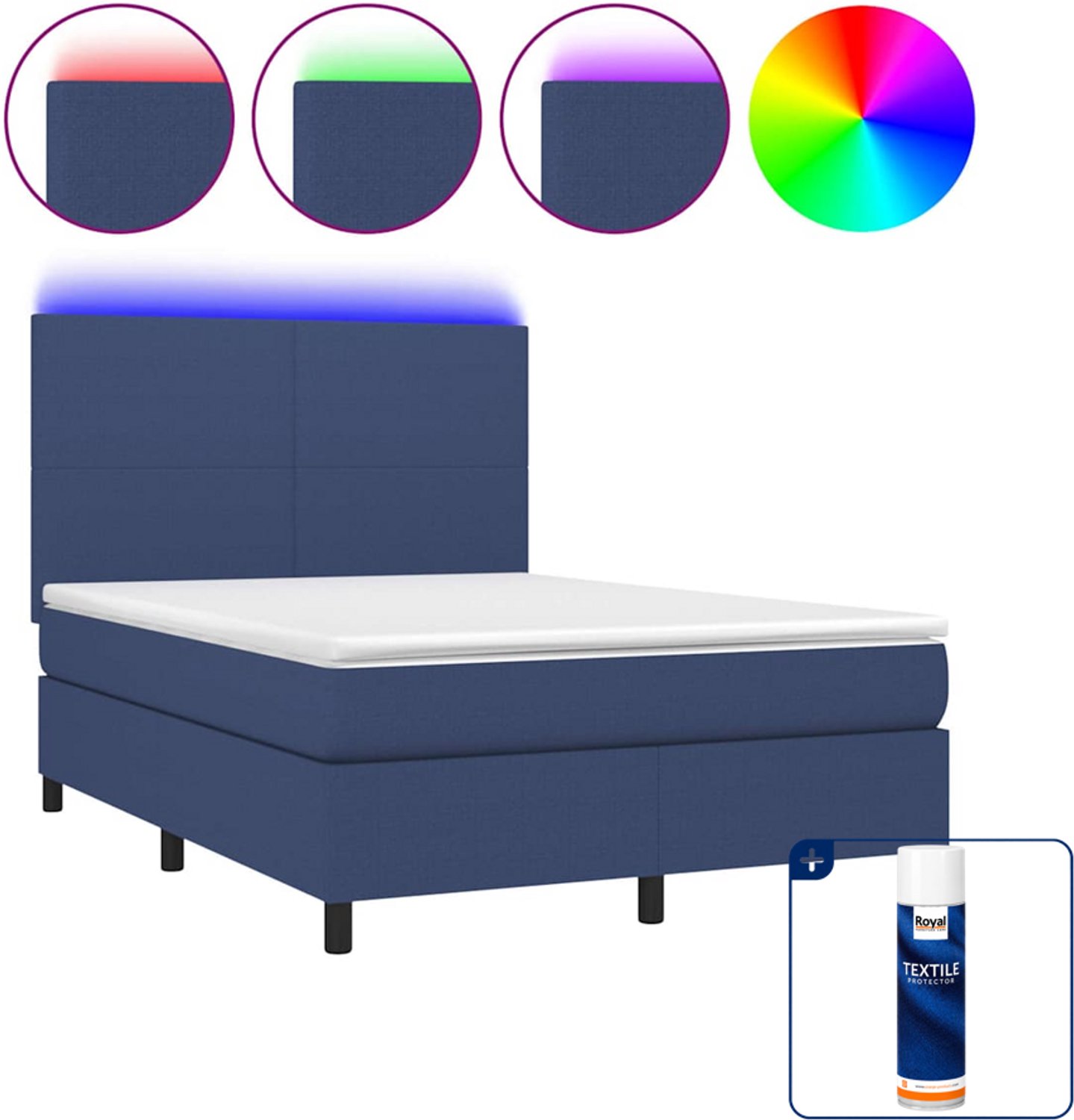 vidaXL boxspring met matras en led - 140 x 190 cm - blauw - Inclusief textielbeschermer 500 ml