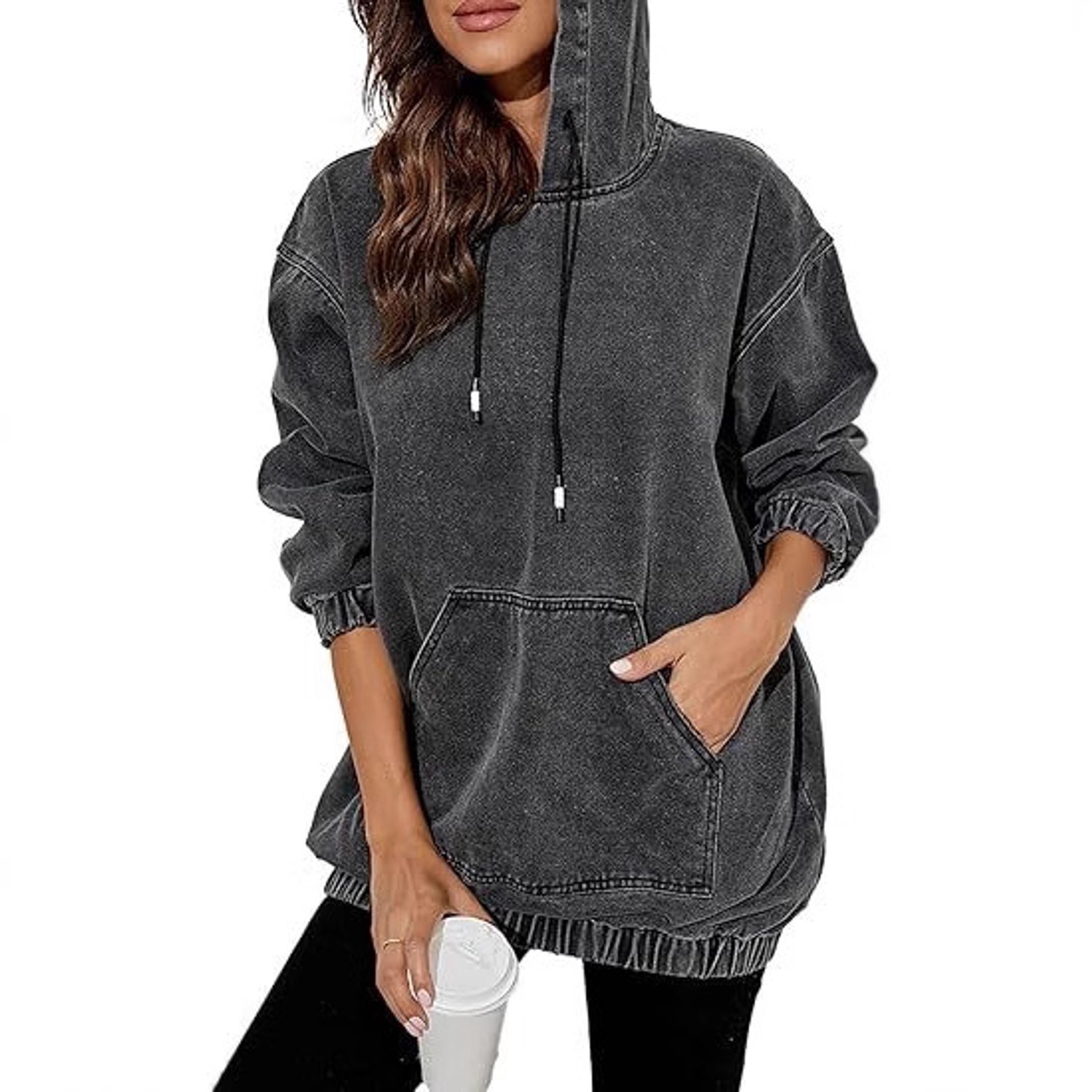 Hoodie Dames Losse Pasvorm met Capuchon Middelblauw Donkerblauw & Zwart-Zwart-M