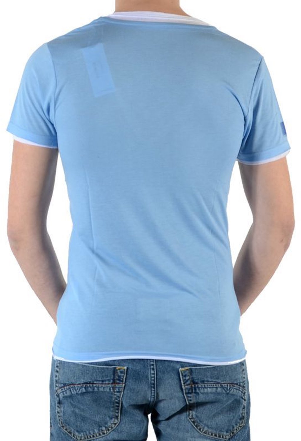 L2 Basic T-shirt met dubbele V-hals, kort mouw, azuurblauw