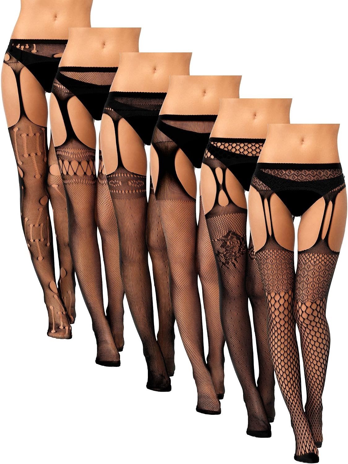 Zes Paar Sexy Visnet Panty Kousen voor Dames, Hoge Taille Zwarte Kanten Mesh Tights, Modieuze Kleding, M/L