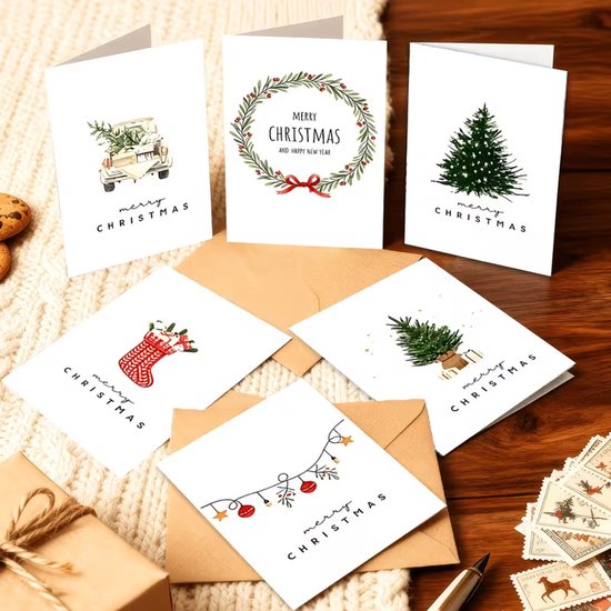 Kerstkaartenmix op een gebreide achtergrond met illustraties van een auto, krans, boom en kous; tekst 'merry christmas'.
