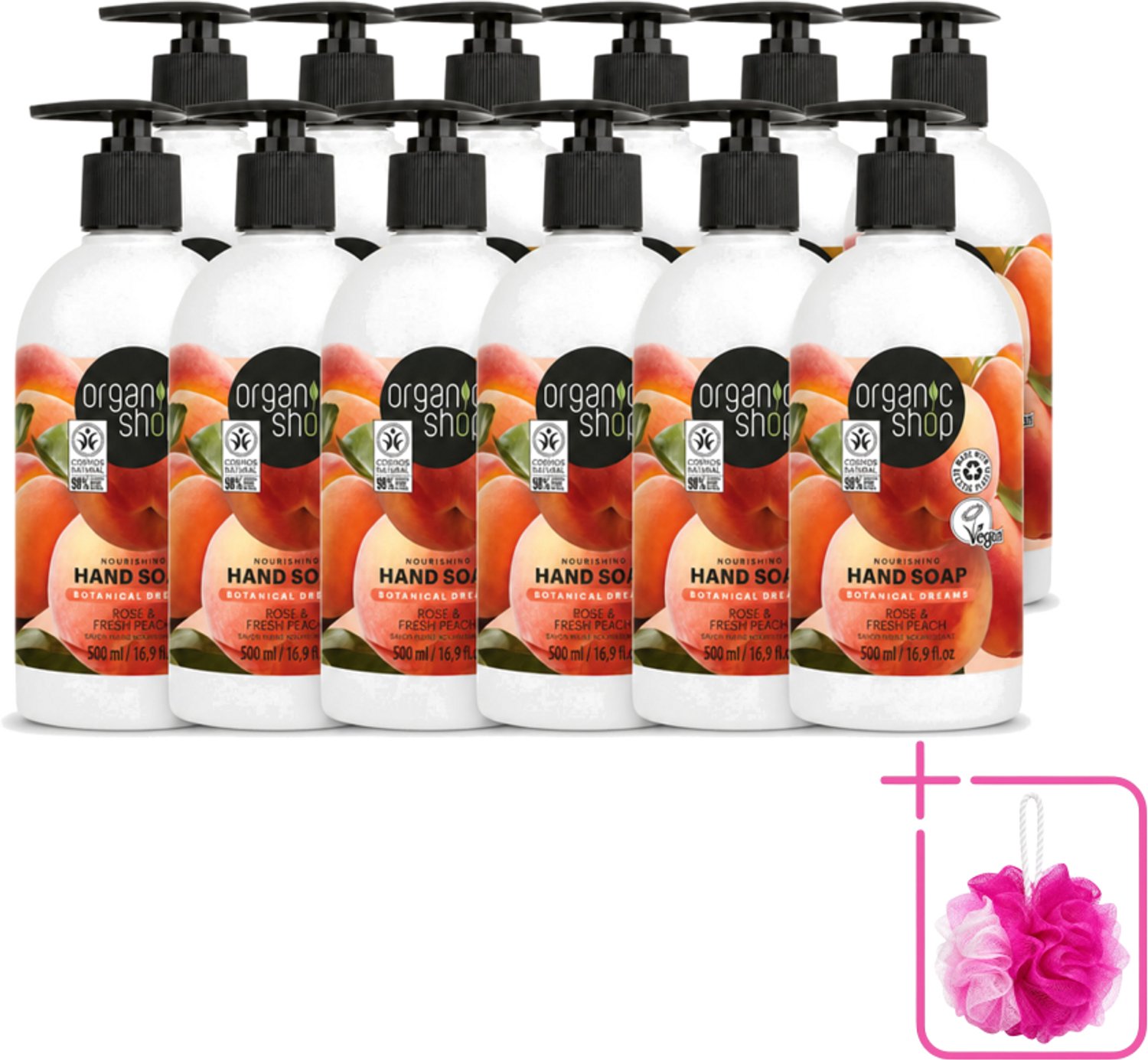 12 x Organic Shop - Handzeep Rose & Peach - Verzorgend en Hydraterend - 500 ml - Bulkverpakking - Handzeep - Douchemop - Natuurlijke handverzorging