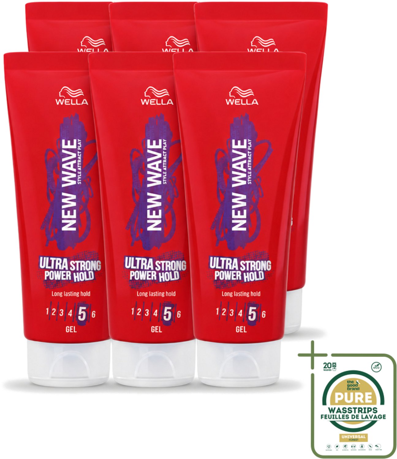 6 x Wella – New Wave Ultra Strong Power Hold – Haargel – 200 ml - Wasstrips - Haargele - Stijl - Fixatie - Krachtige Houding - Haarstructuur