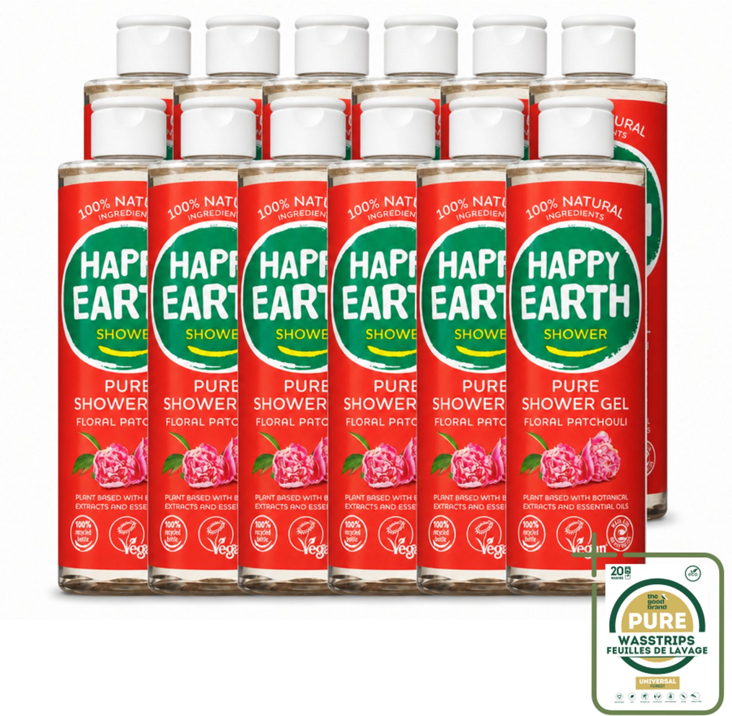 12 x Happy Earth – Douchegel – 100% Natuurlijk Floral Patchouli – 300 ml - Wasstrips - Douchegel - Natuurlijke Douchegel - Vegan Douchegel - Patchouli Douchegel - Bloemige Douchegel
