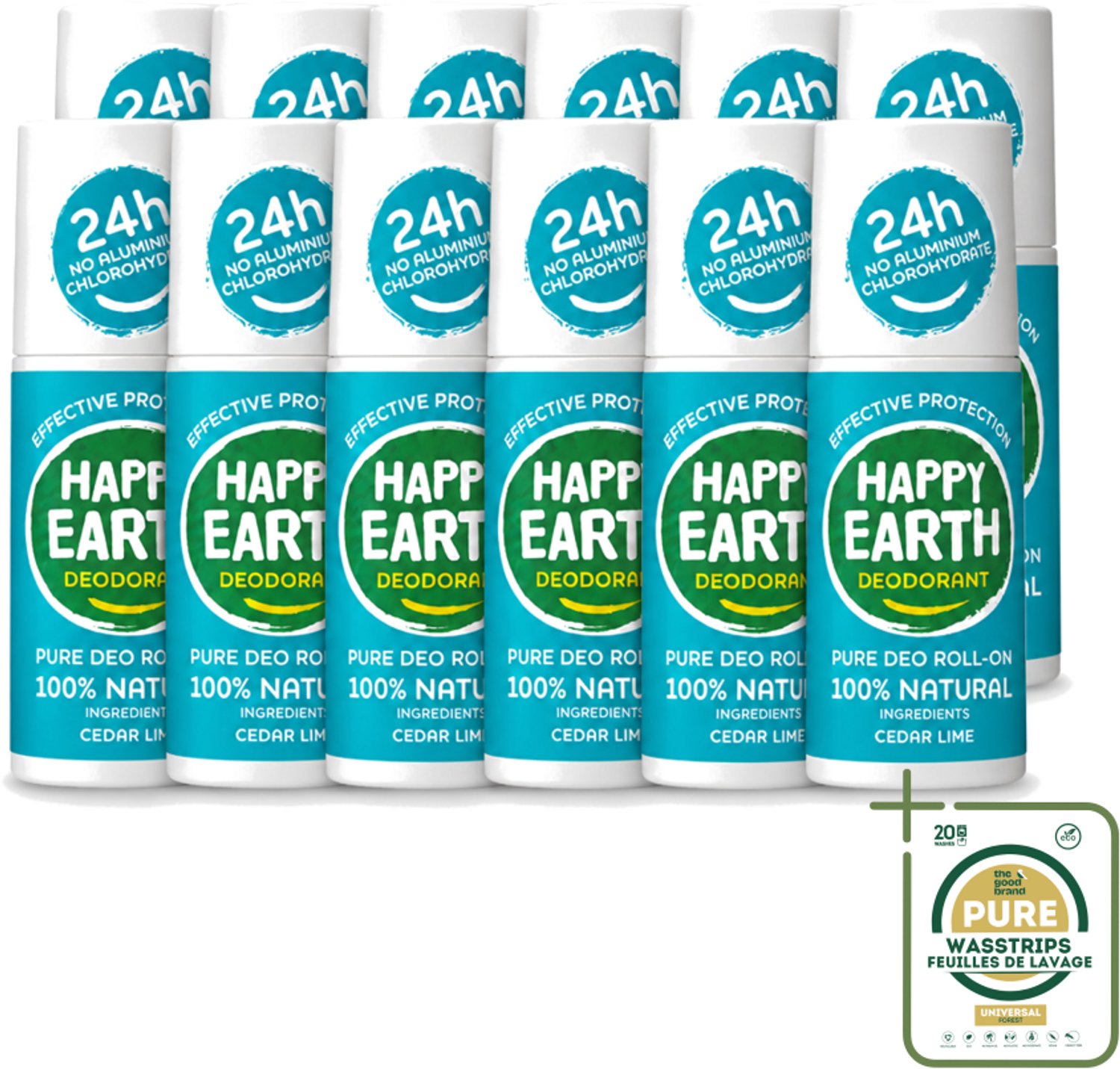 12 x Happy Earth – Deodorant Roll-On – 100% Natuurlijk Cedar Lime – 75 ml - Wasstrips - Natuurlijke Deodorant - Cedar Lime - Roll-on Deodorant - Geur Ceder En Limoen - Gevoelige Huid