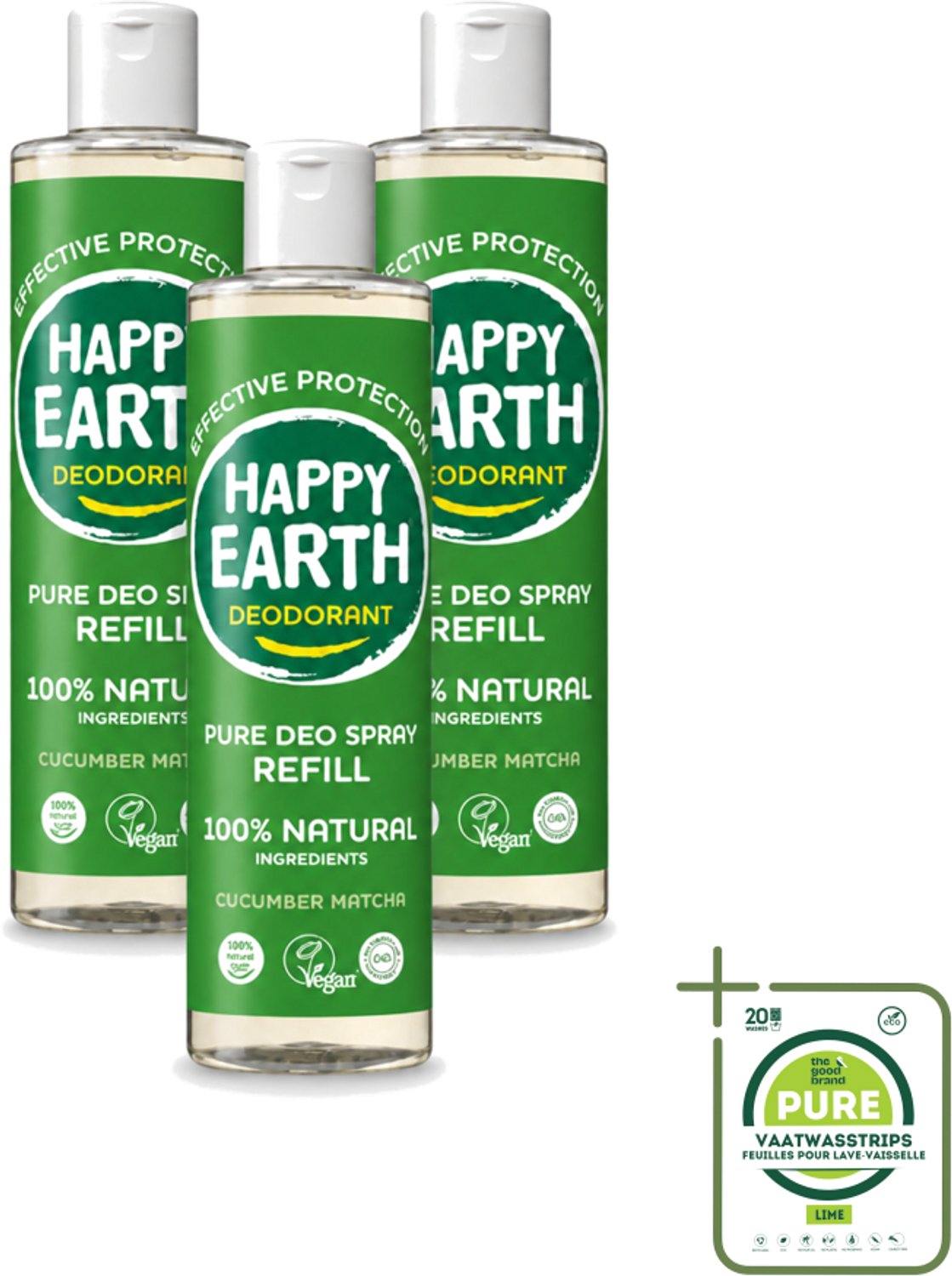 3 x Happy Earth – Deodorant Spray Navulling – 100% Natuurlijk Cucumber Matcha – 300 ml - Grootverpakking - Deodorant - Frisheid - Natuurlijke Deodorant - Matcha - Komkommer