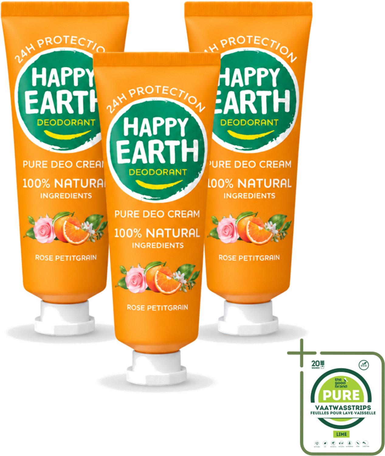 3 x Happy Earth – Deodorant Cream – 100% Natuurlijk Rose Petitgrain – 40 ml - Grootverpakking - Natuurlijke Deodorant - Deodorant Crème - Frisse Geur - Bloemige Geur - Huidvriendelijk