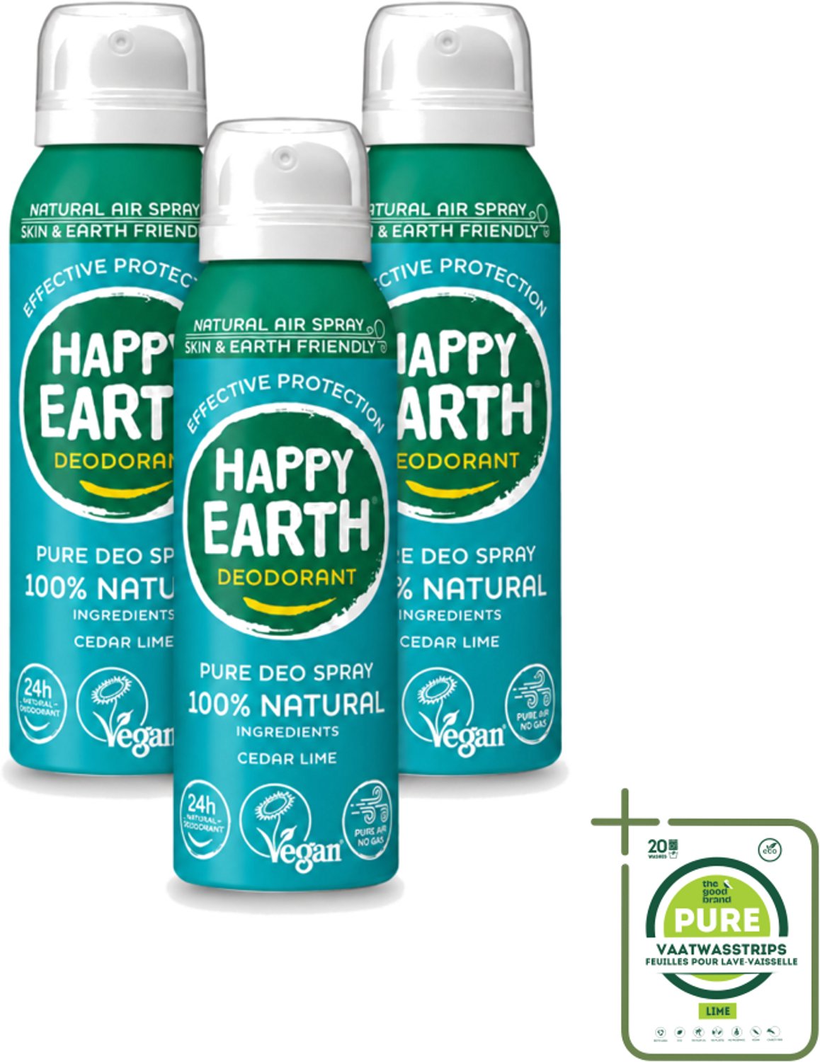 3 x Happy Earth – Deodorant Natural Air Spray – 100% Natuurlijk Cedar Lime – 100 ml - Grootverpakking - Natuurlijke Deodorant - Cederhout En Limoen - Aerosol Deodorant - 100% Natuurlijk - Luchttechnologie