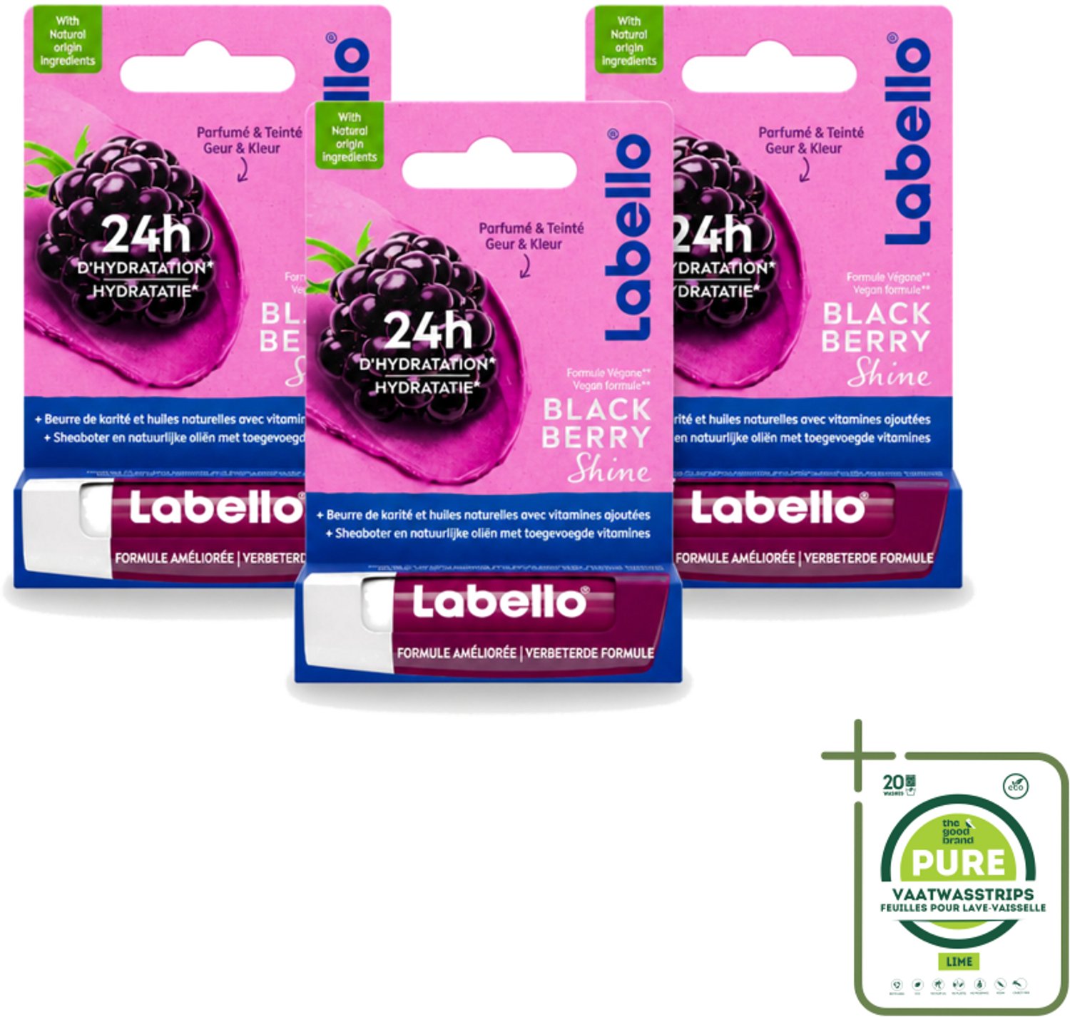 3 x Labello – Lippenbalsem – Blackberry Shine – Lippenbalsem – Shea Boter & Jojoba Olie – 5,5 ml - Grootverpakking - Vaatwasstrips - Lippenbalsem - Hydratatie - Glans - Braam - Natuurlijke Oliën