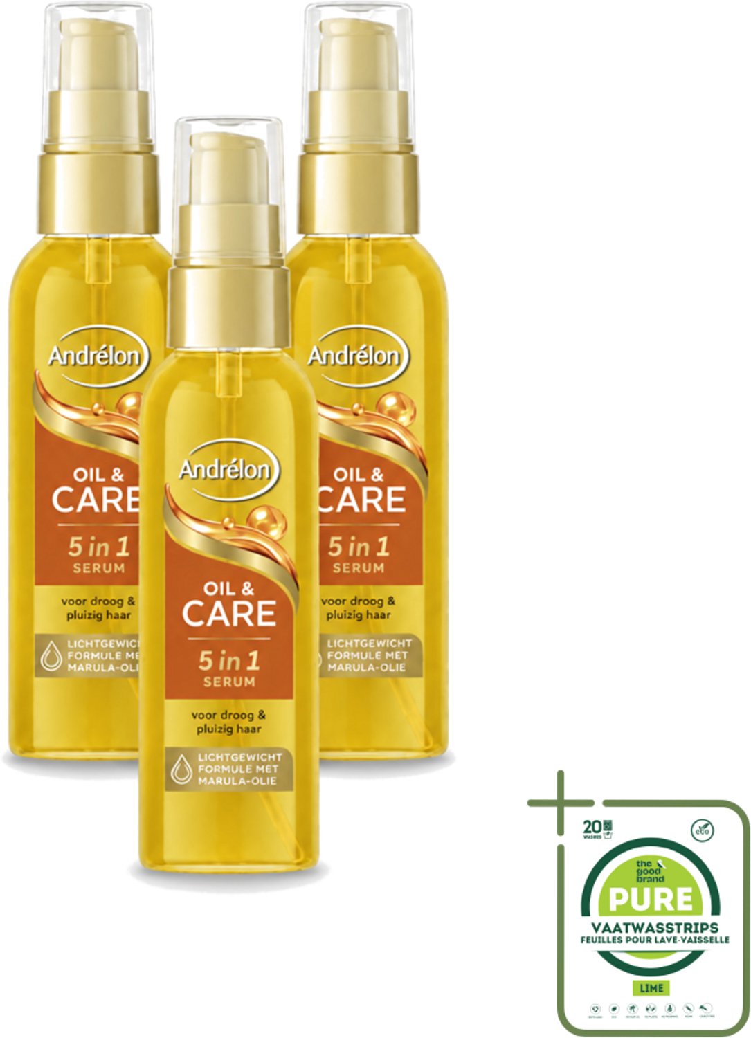 3 x Andrélon – Haarserum – Oil & Care – 75 ml - Grootverpakking - Vaatwasstrips - Haarserum - Pluisvrij Haar - Glanzend Haar - Haar Verzorging - Marula-olie