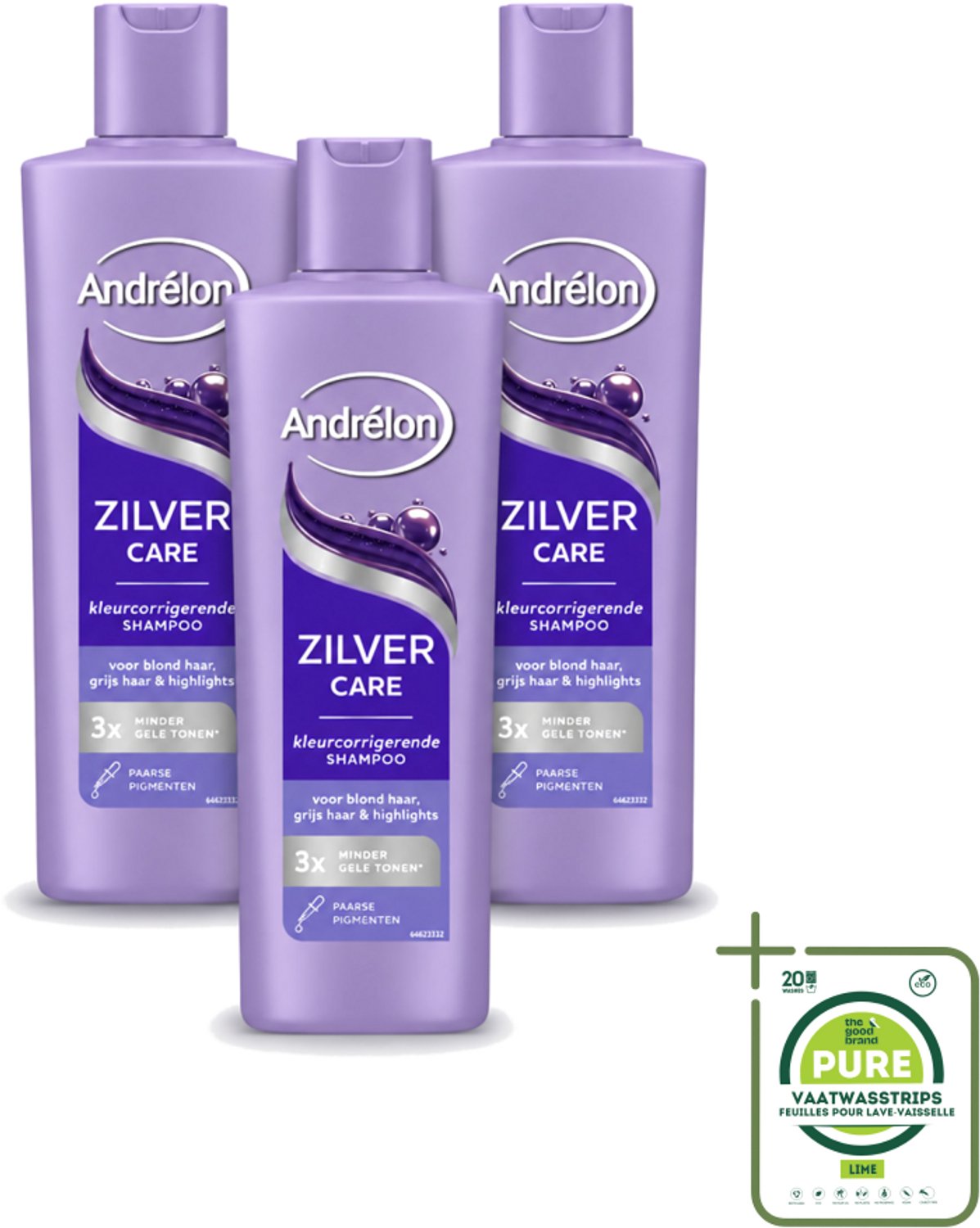 3 x Andrélon – Shampoo – Zilver Care – 250 ml - Grootverpakking - Vaatwasstrips - Zilver Care Shampoo - Koele Haarkleur - Kleurcorrectie - Gele Tonen - Koperkleurige Tonen