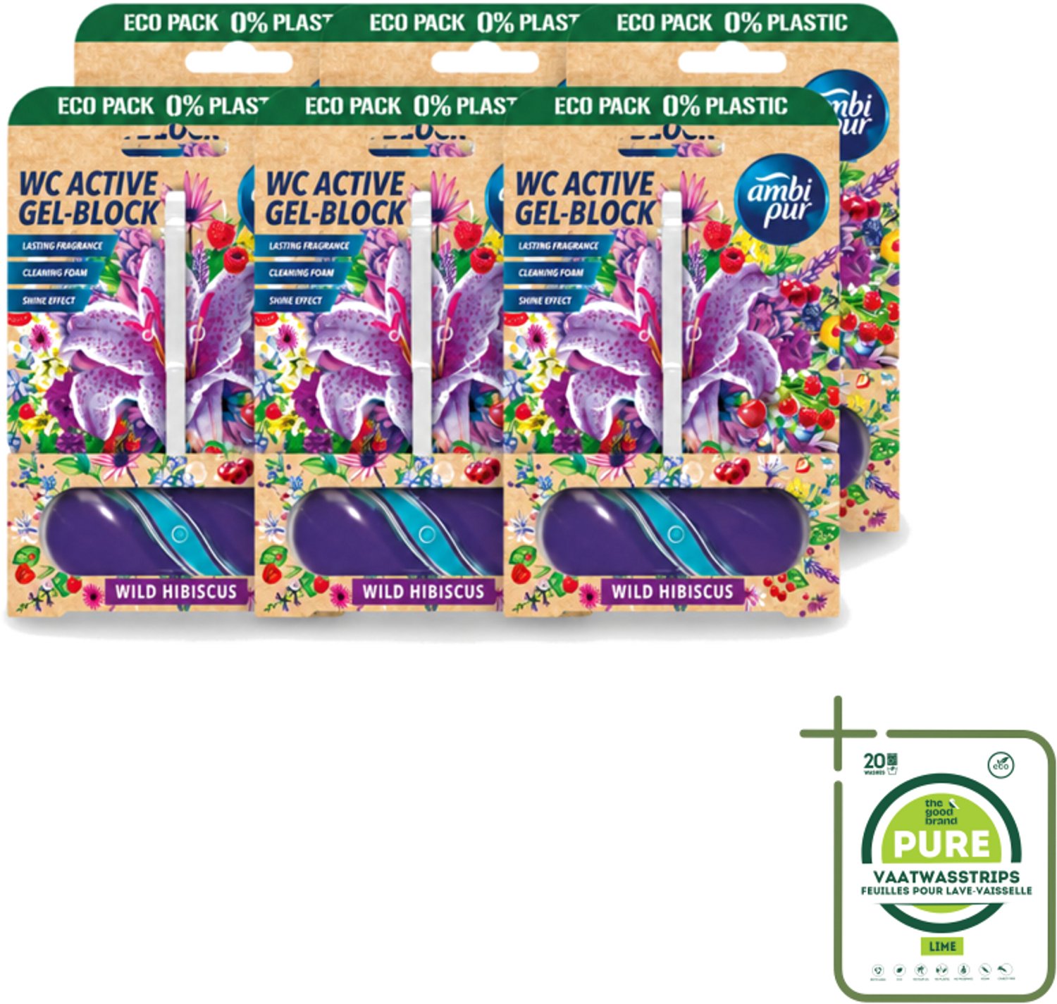 6 x Ambi Pur – Toiletblok – Wild Hibiscus – 45 g - Grootverpakking - Vaatwasstrips - Toiletblok - Fris Toilet - Geur Toilet - Kalkaanslag Voorkomen - Toilet Reinigen