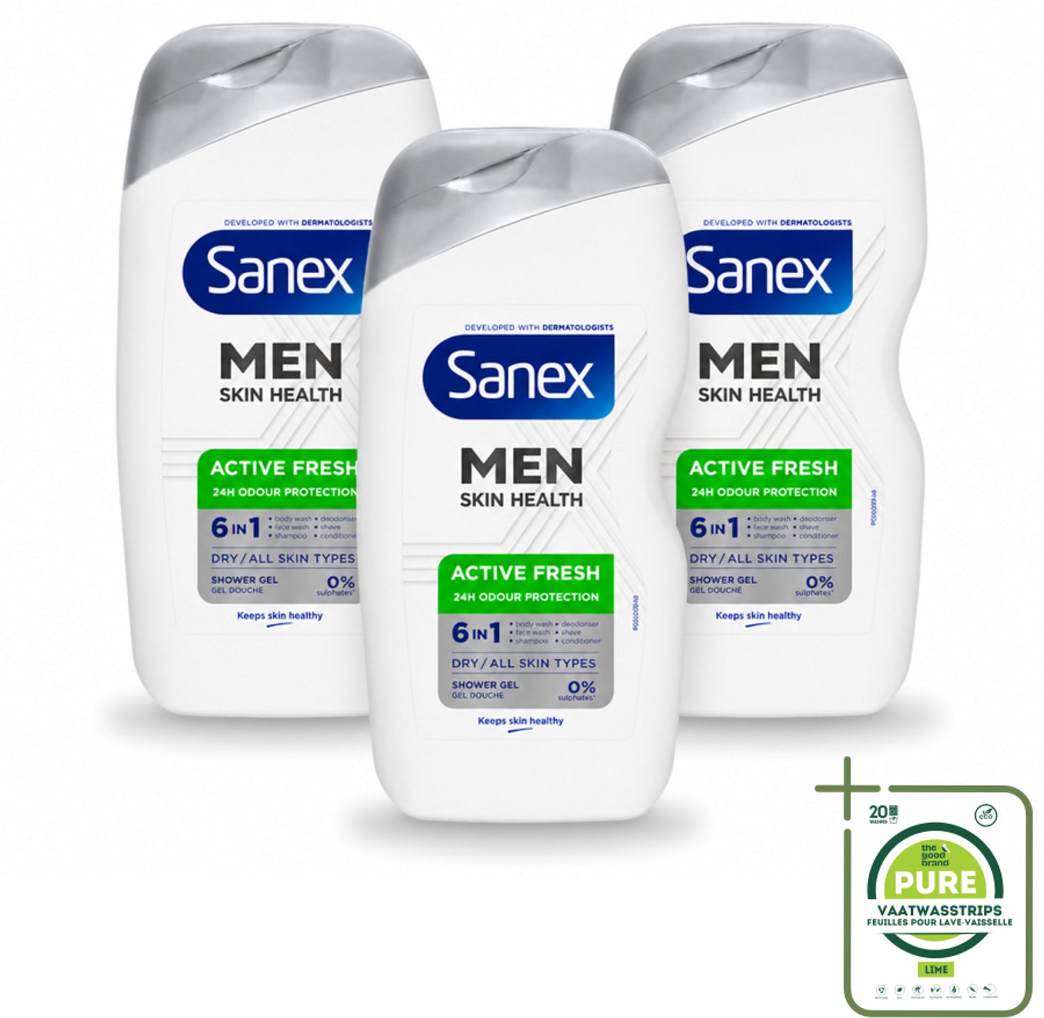3 x Sanex – Douchegel – Men Active Fresh – 400 ml - Grootverpakking - Vaatwasstrips - Douchegel Voor Mannen - Frisheid - Geurcontrole - Huidverzorging - Scheergel