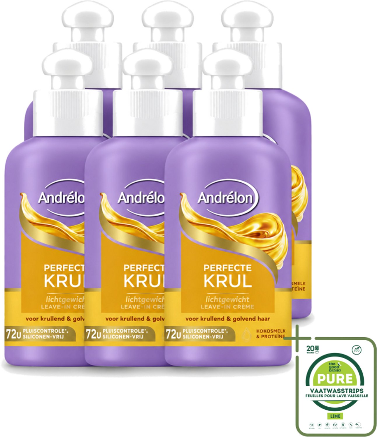 6 x Andrélon – Leave-In Crème – Perfecte Krul – 200 ml - Grootverpakking - Vaatwasstrips - Krullen Verzorgen - Krullen Definiëren - Krullen Pluisvrij - Krullen Hyderaten - Kokosmelk Haar
