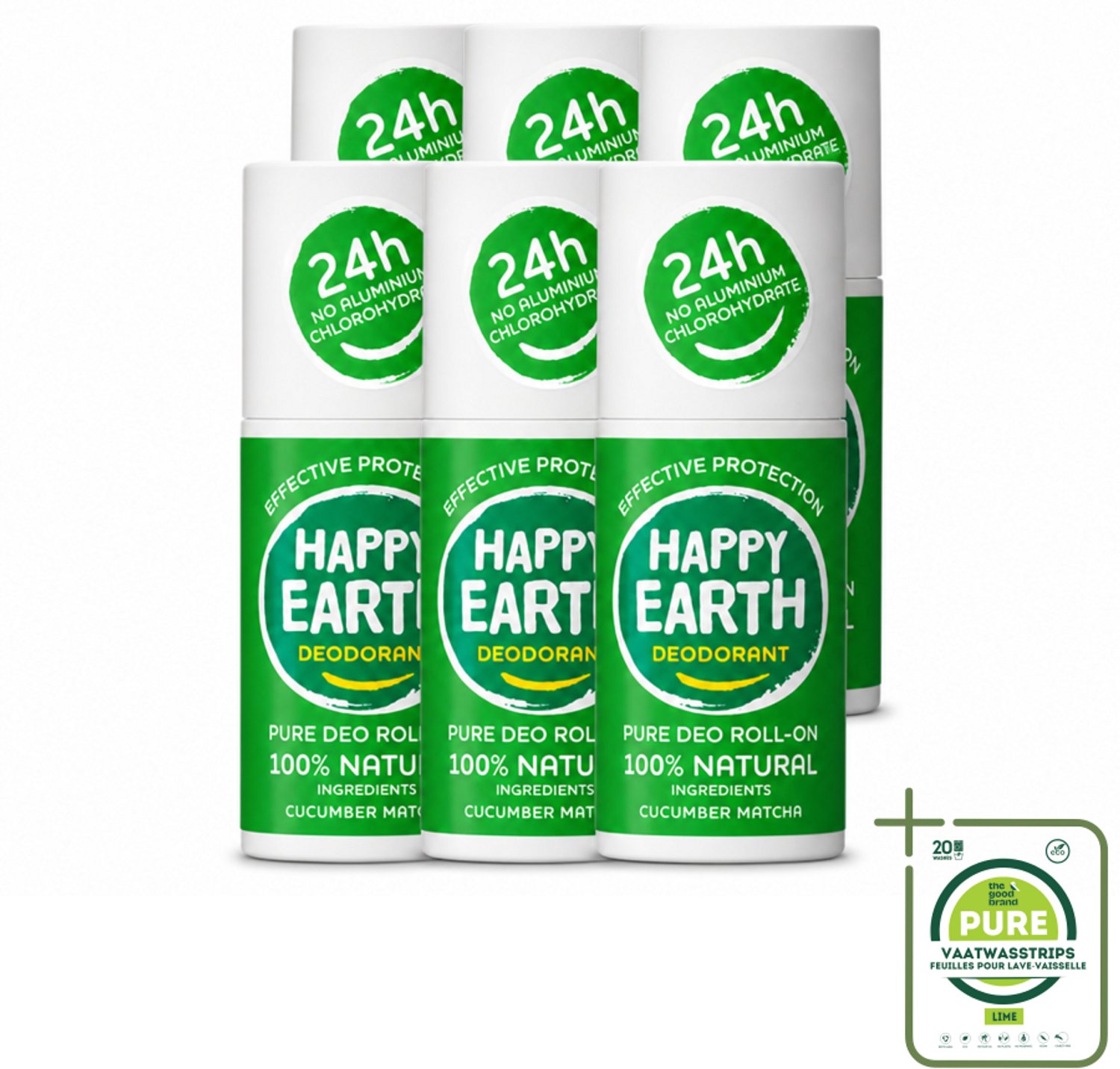 6 x Happy Earth – Deodorant Roll-On – 100% Natuurlijk Cucumber Matcha – 75 ml - Grootverpakking - Deodorant - Fris - Natuurlijk - Huidvriendelijk - Komkommer