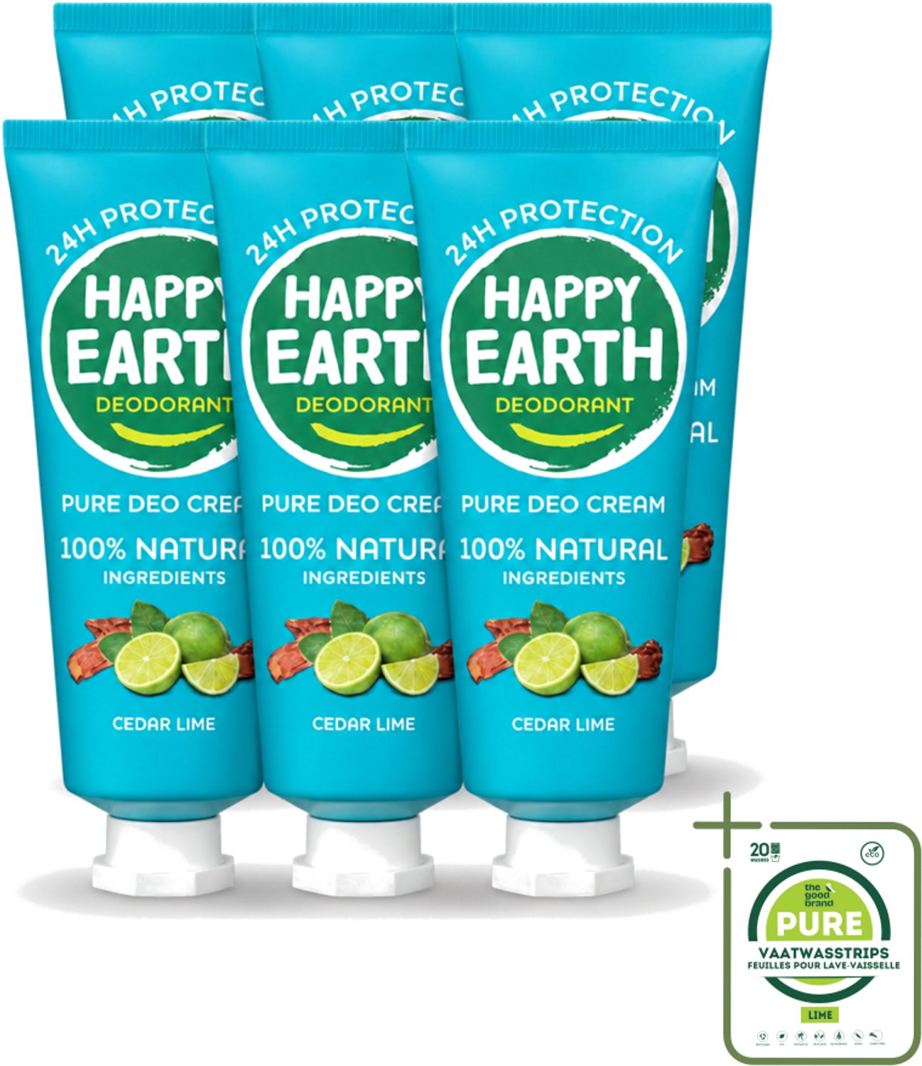 6 x Happy Earth – Deodorant Cream – 100% Natuurlijk Cedar Lime – 40 ml - Grootverpakking - Natuurlijke Deodorant - Deodorant Crème - Frisse Geur - Cederhout - Limoen